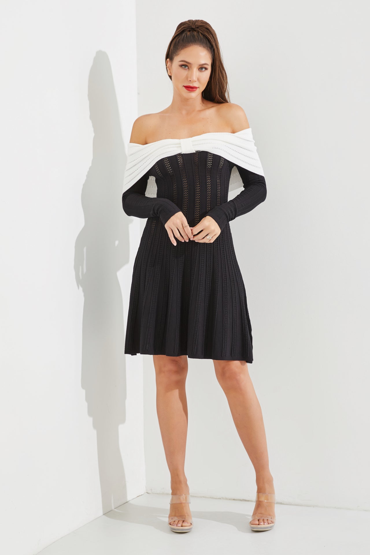 Knit Off Shoulder Two Toned Rib Mini Dress