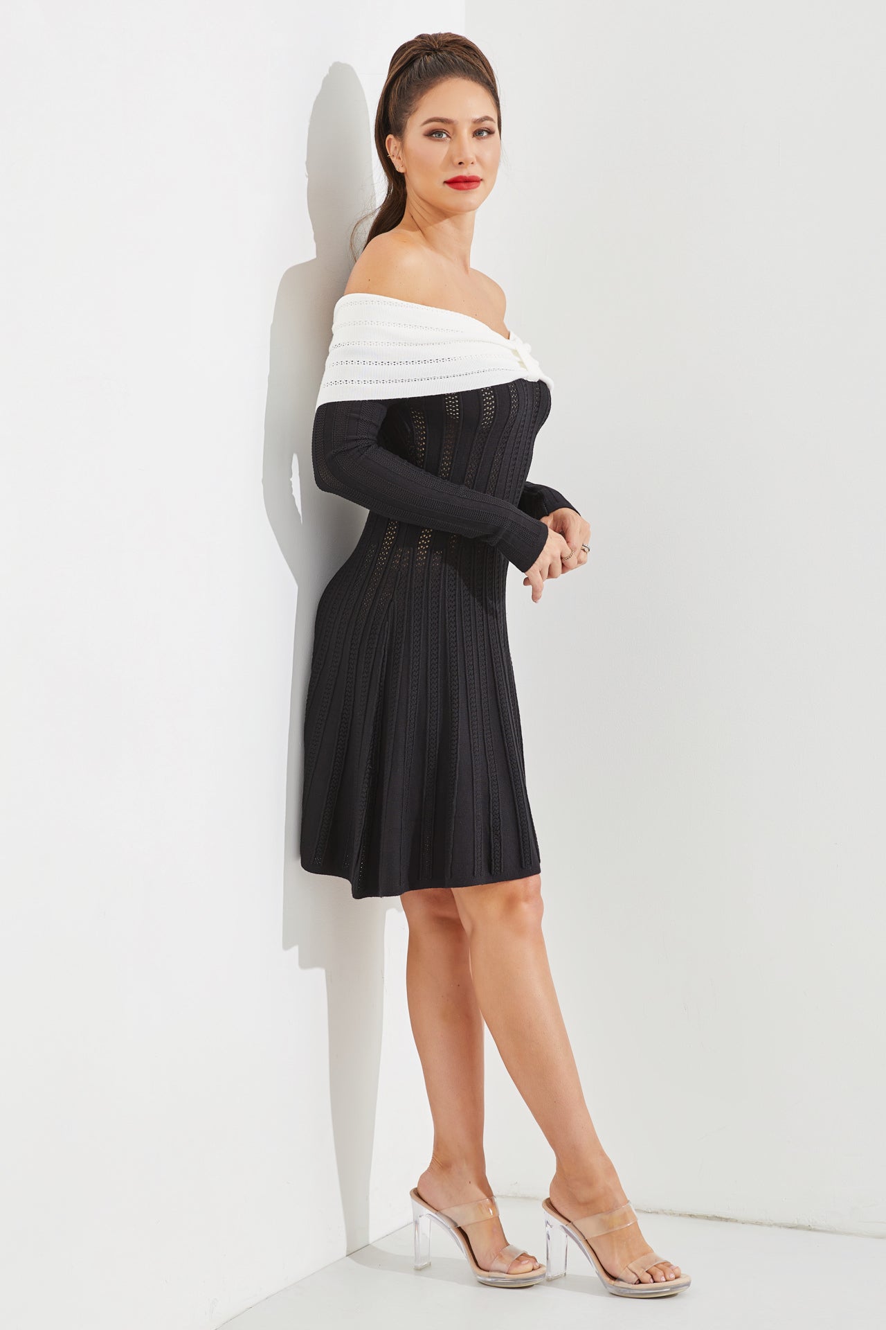 Knit Off Shoulder Two Toned Rib Mini Dress