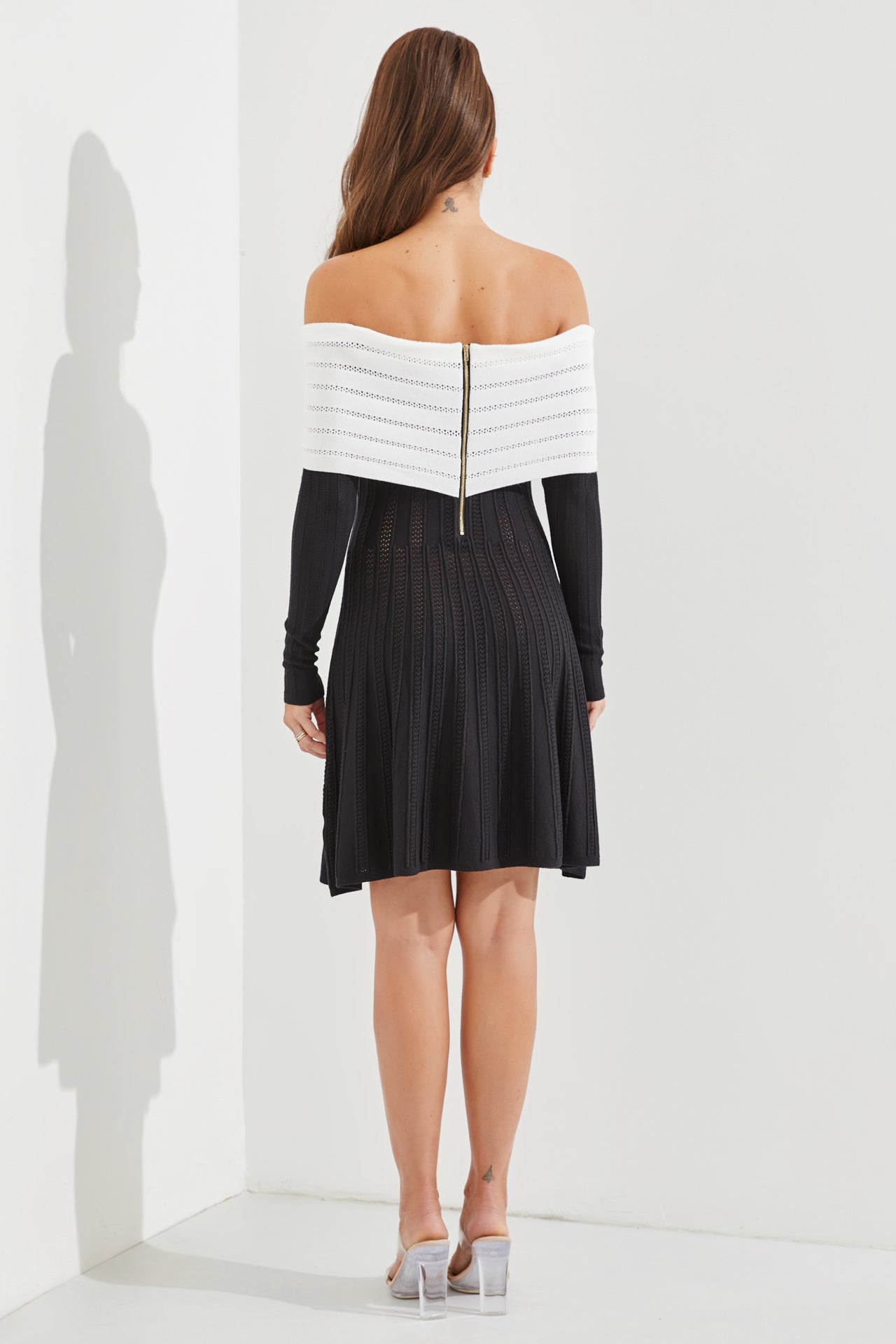 Knit Off Shoulder Two Toned Rib Mini Dress