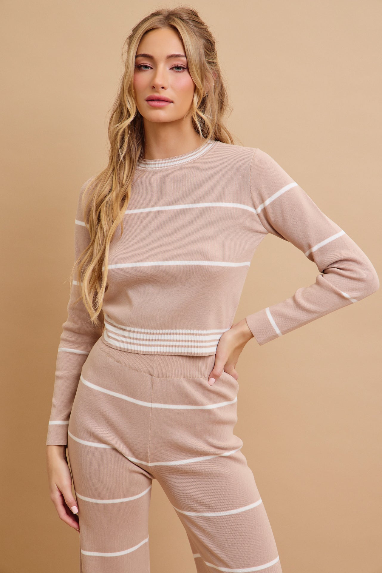 Casual Stripe Aesthetic Long Sleeve Top and Pants Set
