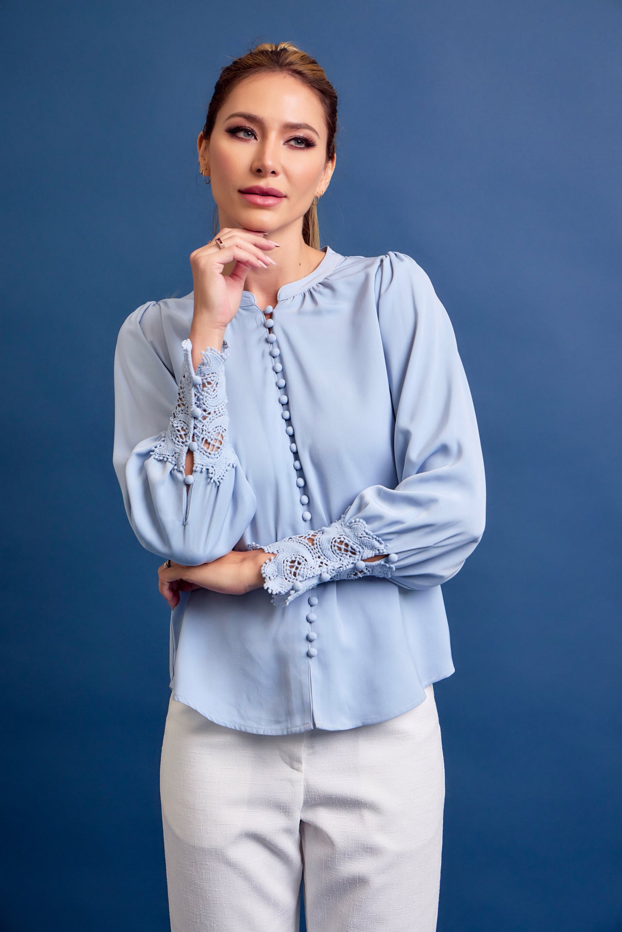 Perfect Vibes Button Down Blouse with Lace Cuffs