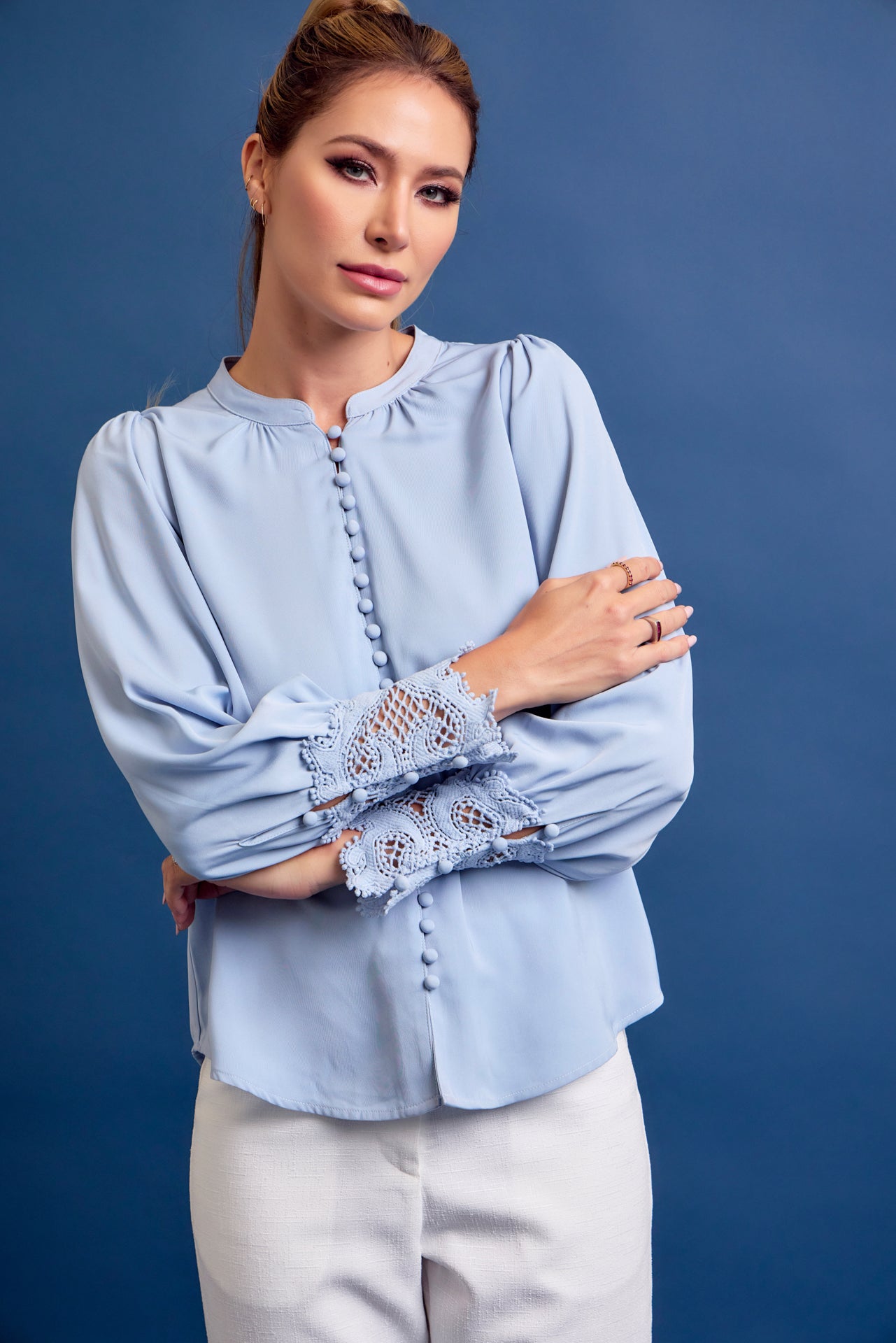 Perfect Vibes Button Down Blouse with Lace Cuffs