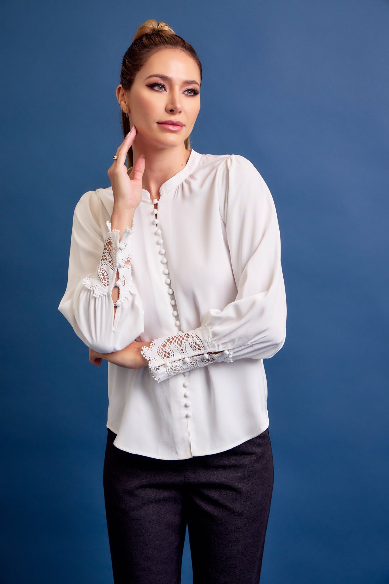 Perfect Vibes Button Down Blouse with Lace Cuffs