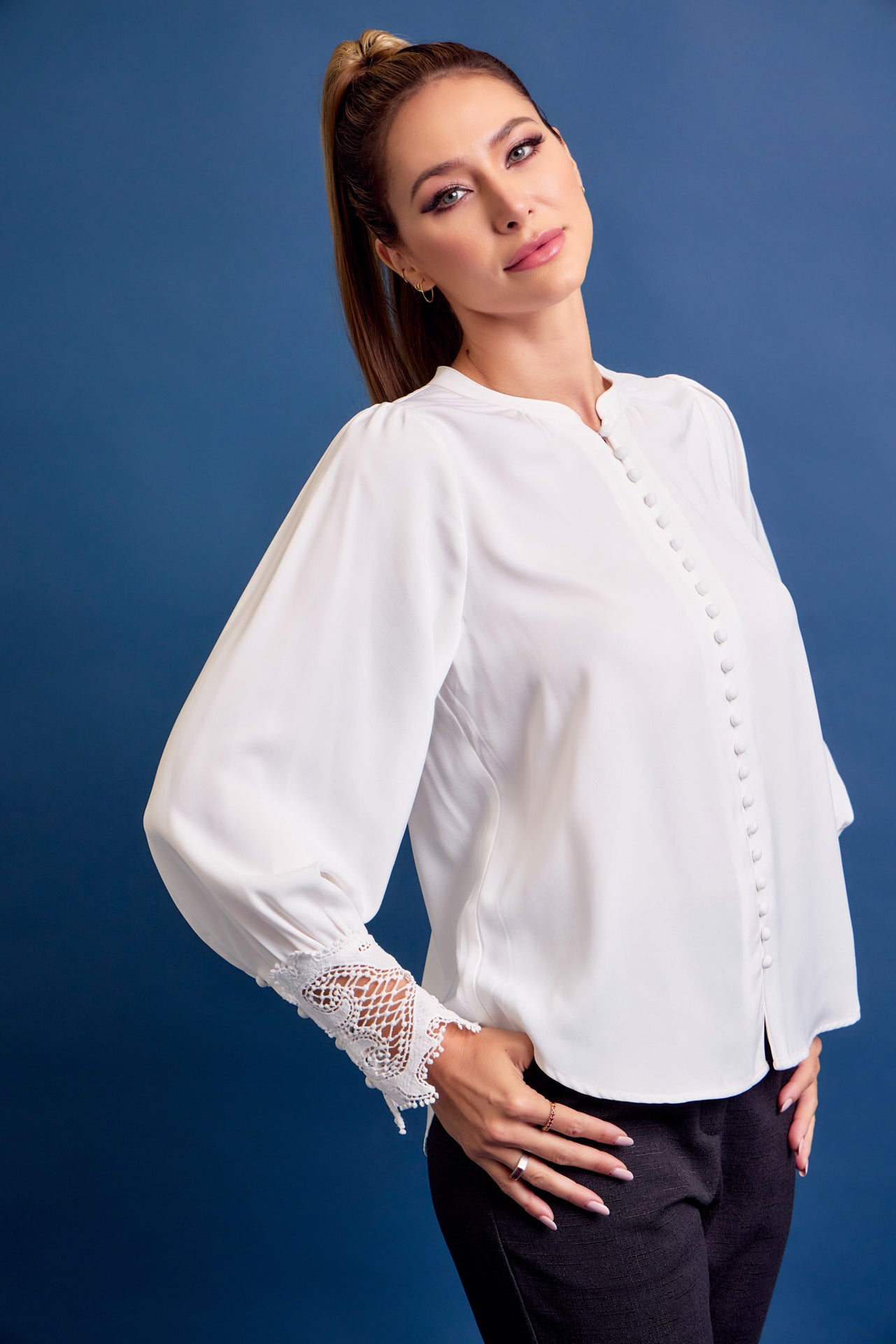 Perfect Vibes Button Down Blouse with Lace Cuffs