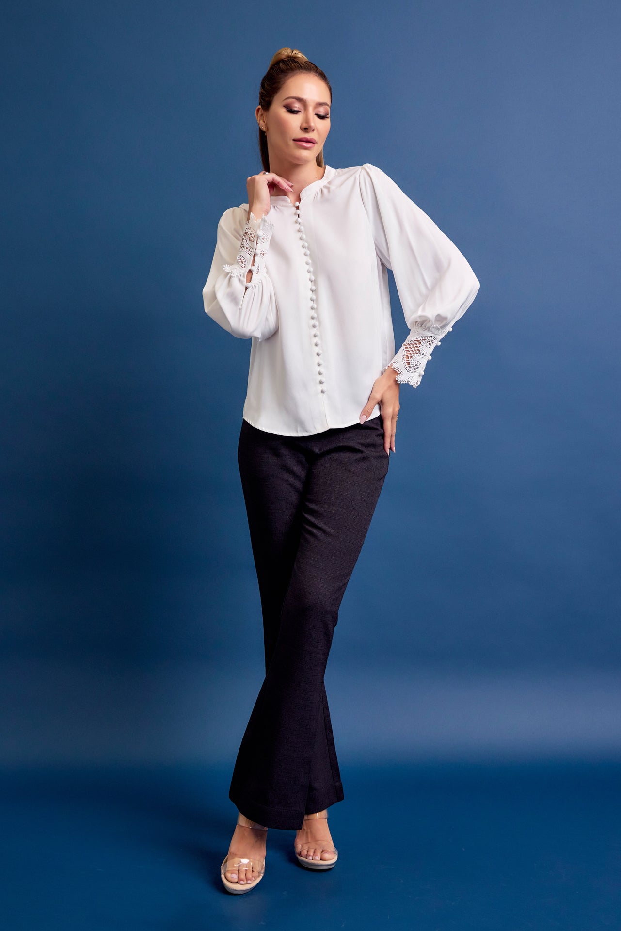 Perfect Vibes Button Down Blouse with Lace Cuffs