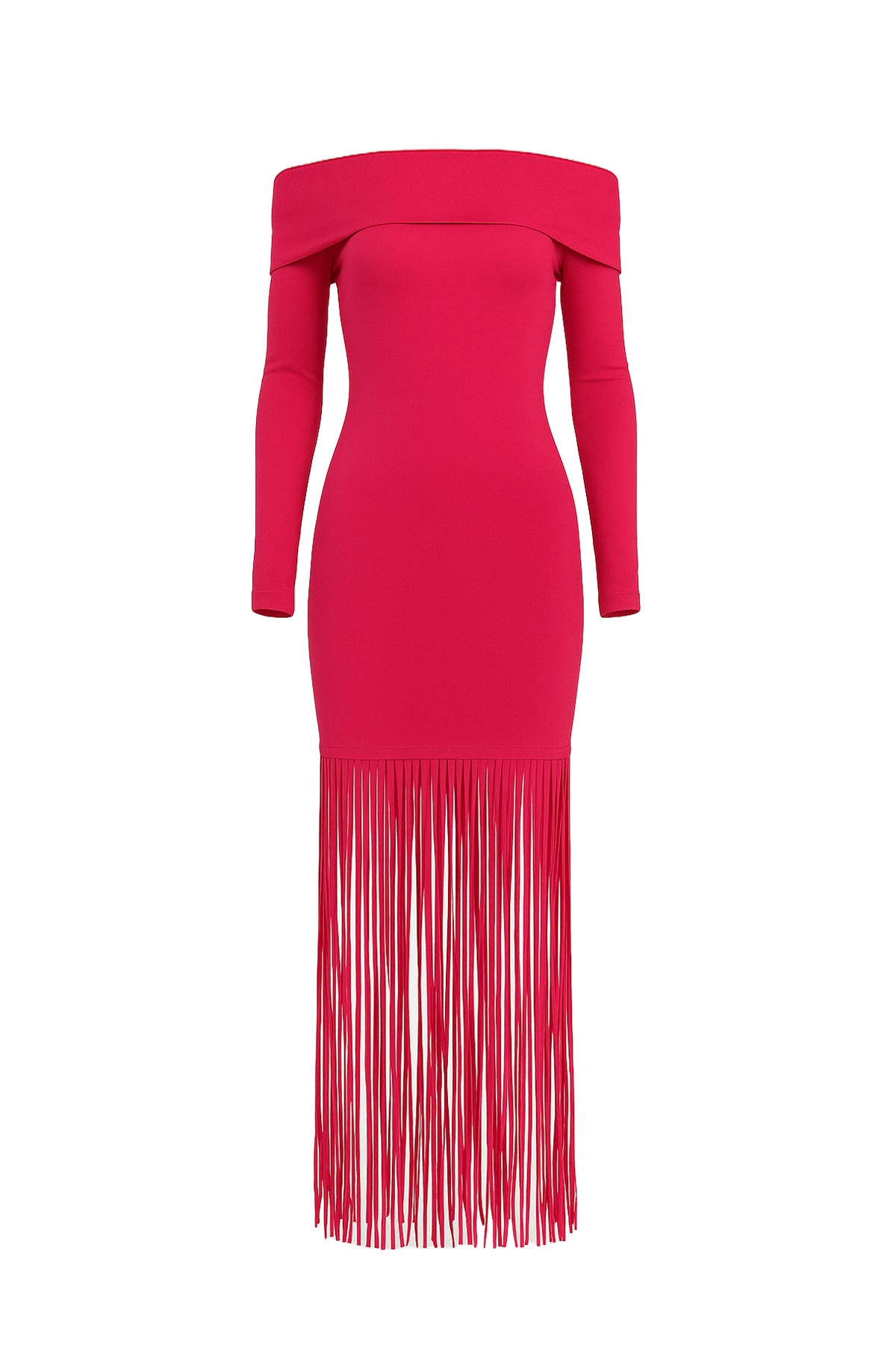 Turn Heads Knit Off Shoulder Long Sleeve Fringe Dress