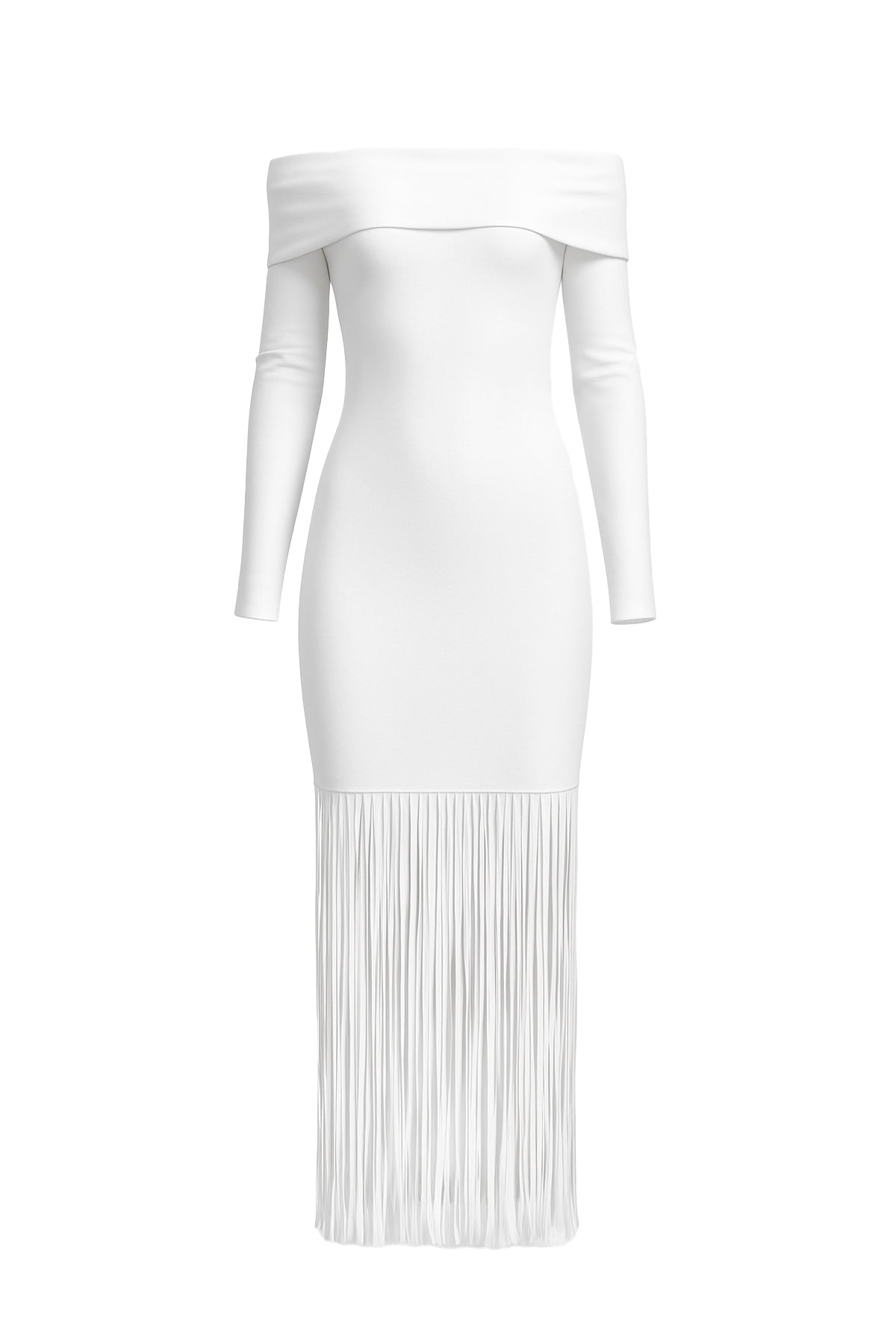 Turn Heads Knit Off Shoulder Long Sleeve Fringe Dress