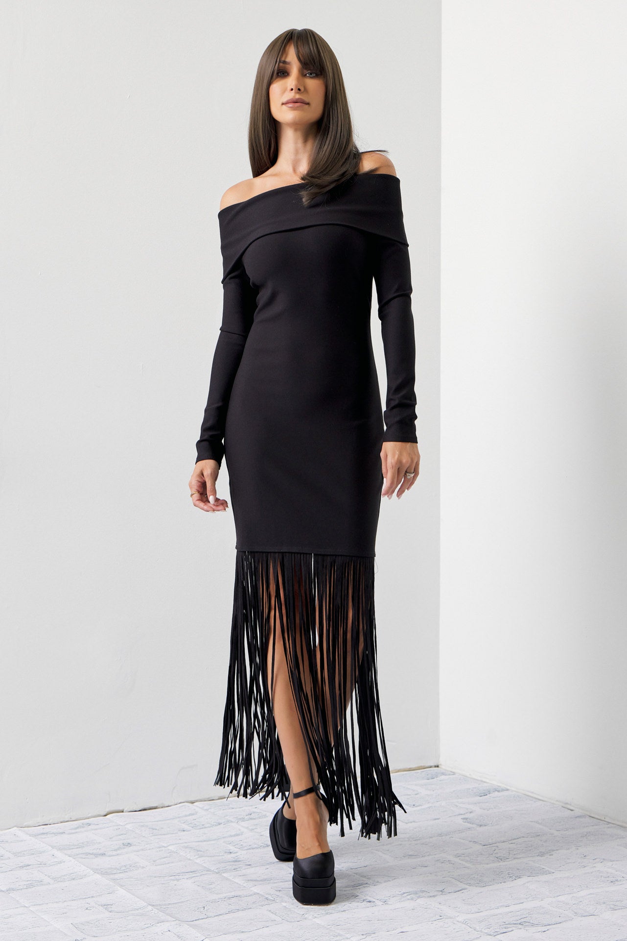 Turn Heads Knit Off Shoulder Long Sleeve Fringe Dress