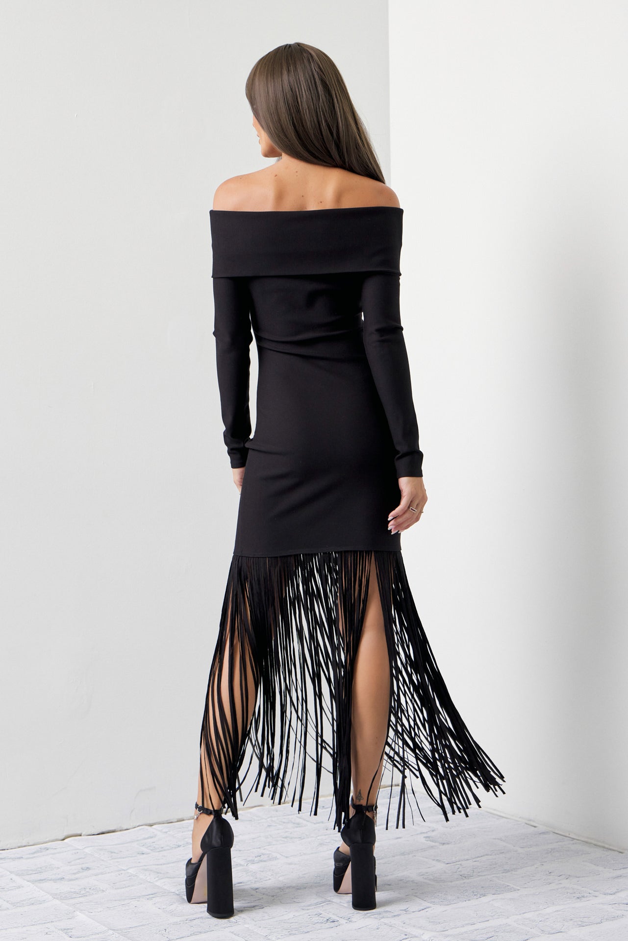 Turn Heads Knit Off Shoulder Long Sleeve Fringe Dress