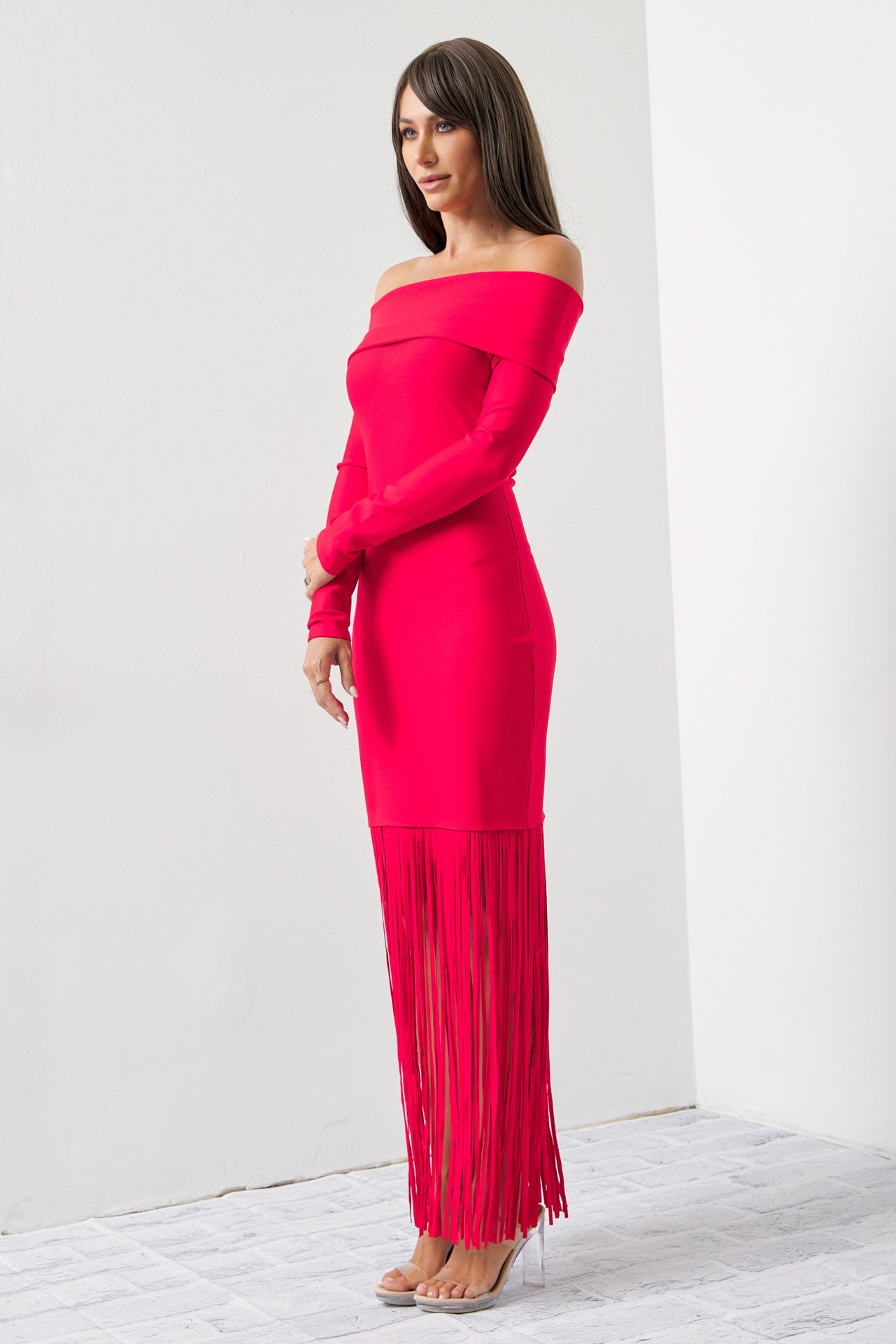 Turn Heads Knit Off Shoulder Long Sleeve Fringe Dress