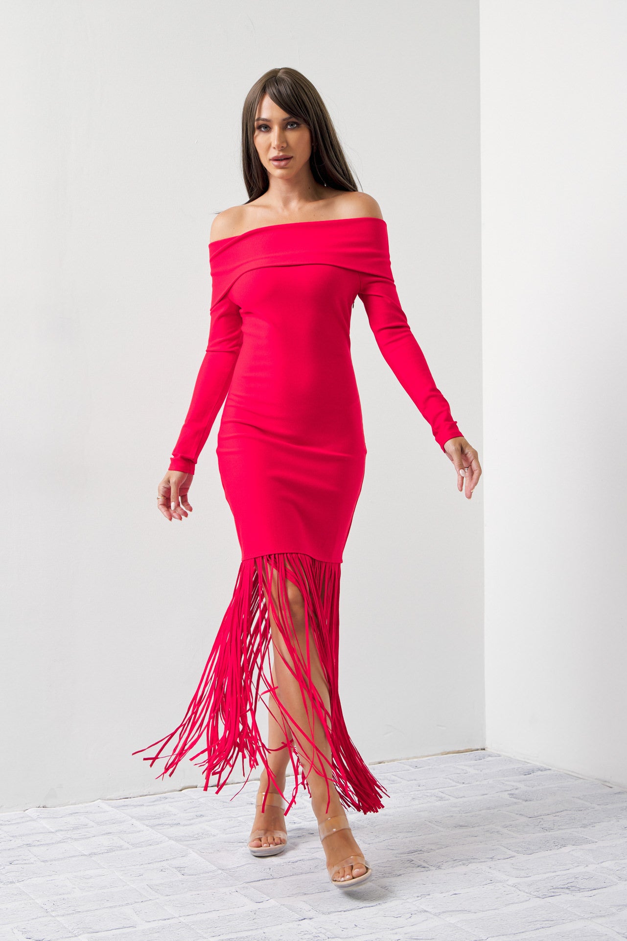 Turn Heads Knit Off Shoulder Long Sleeve Fringe Dress