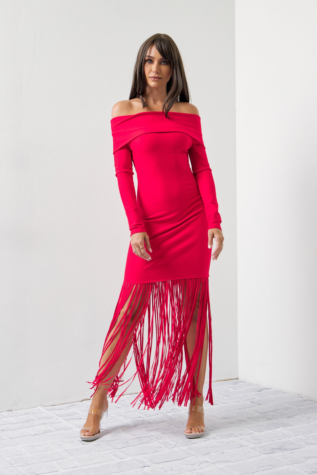 Turn Heads Knit Off Shoulder Long Sleeve Fringe Dress