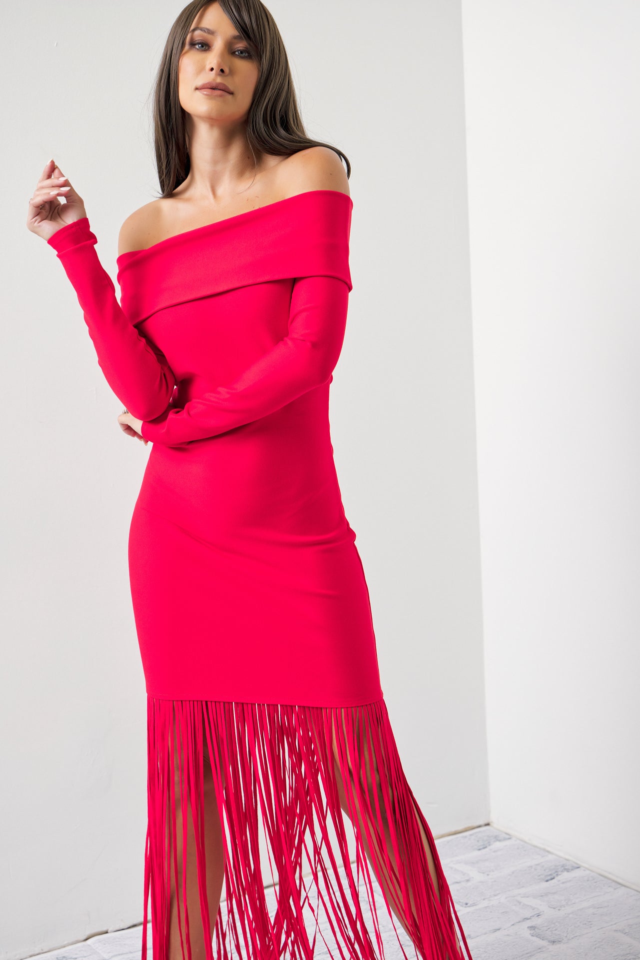 Turn Heads Knit Off Shoulder Long Sleeve Fringe Dress