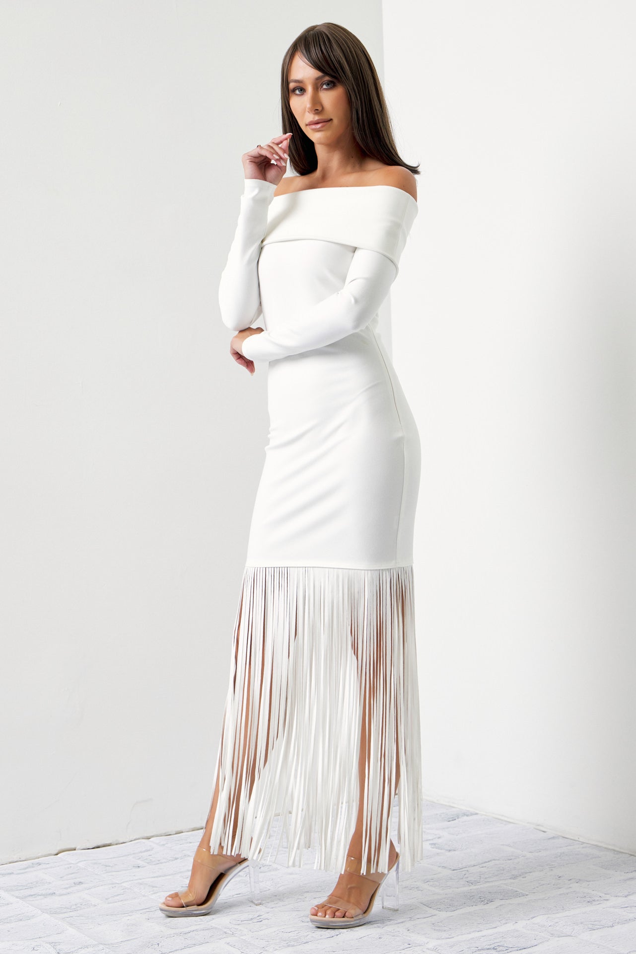Turn Heads Knit Off Shoulder Long Sleeve Fringe Dress