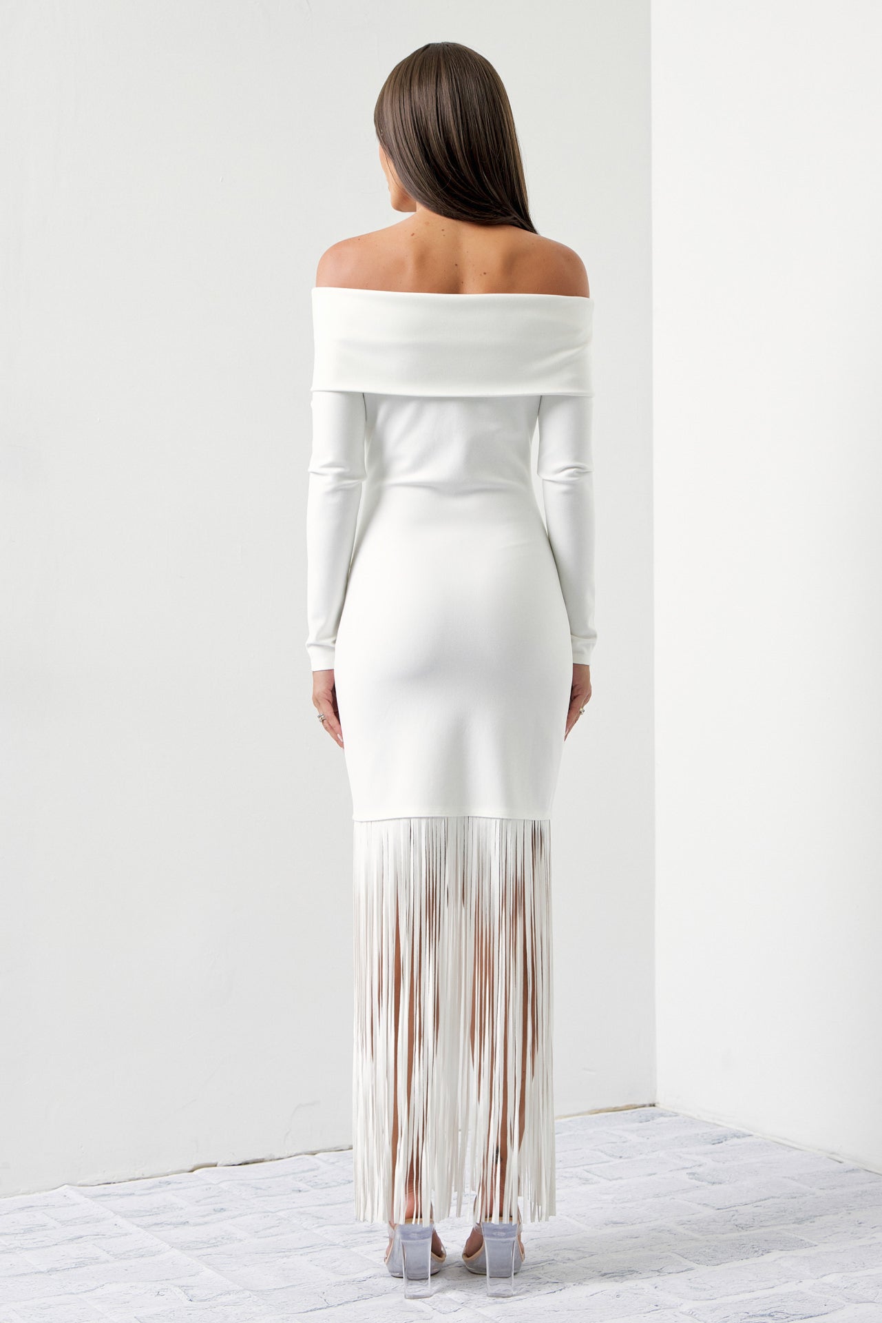 Turn Heads Knit Off Shoulder Long Sleeve Fringe Dress