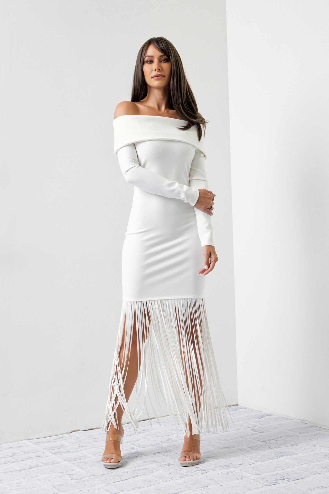 Turn Heads Knit Off Shoulder Long Sleeve Fringe Dress