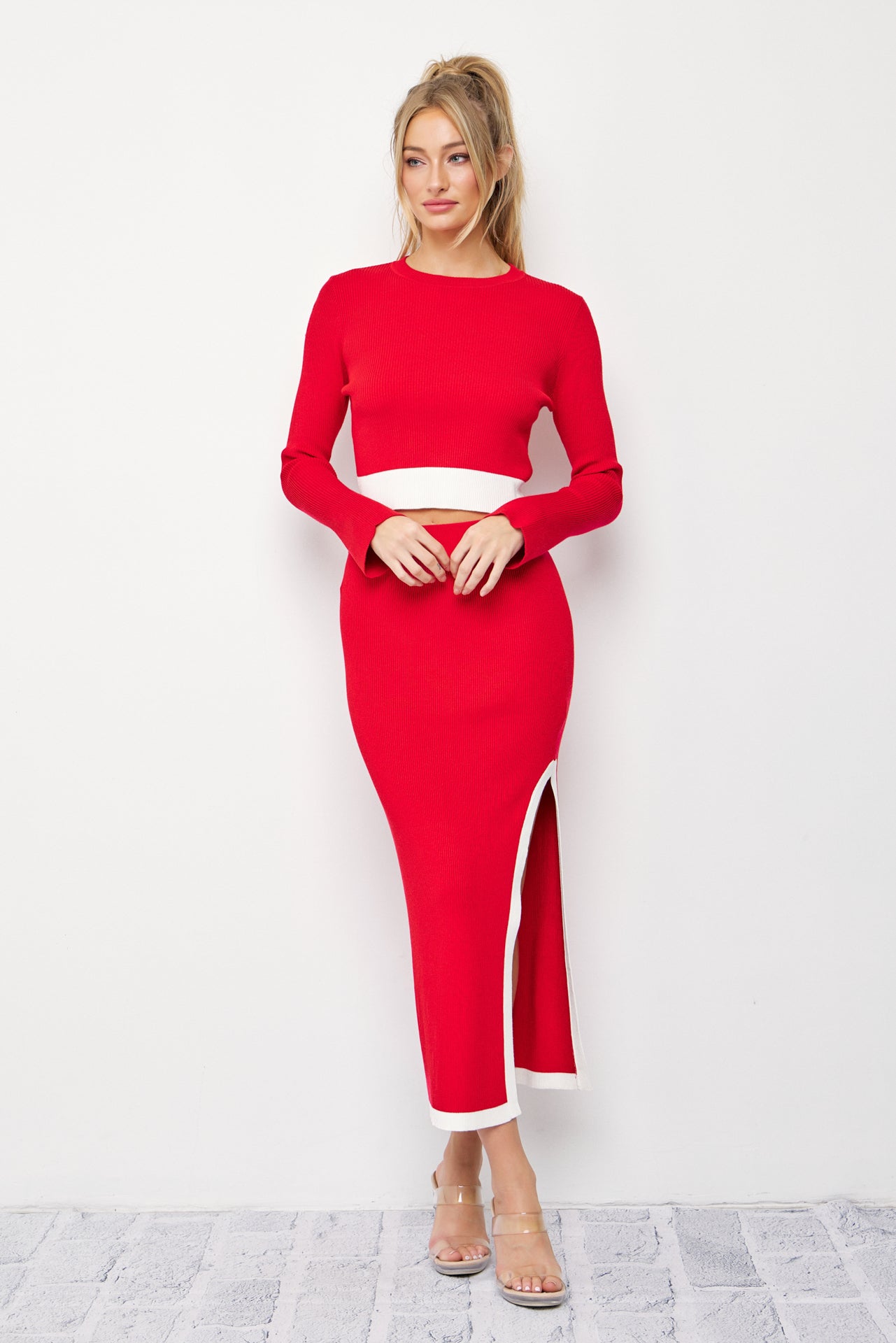 Jia Knit Cropped Bell Sleeve Top and Midi Skirt with Contrast