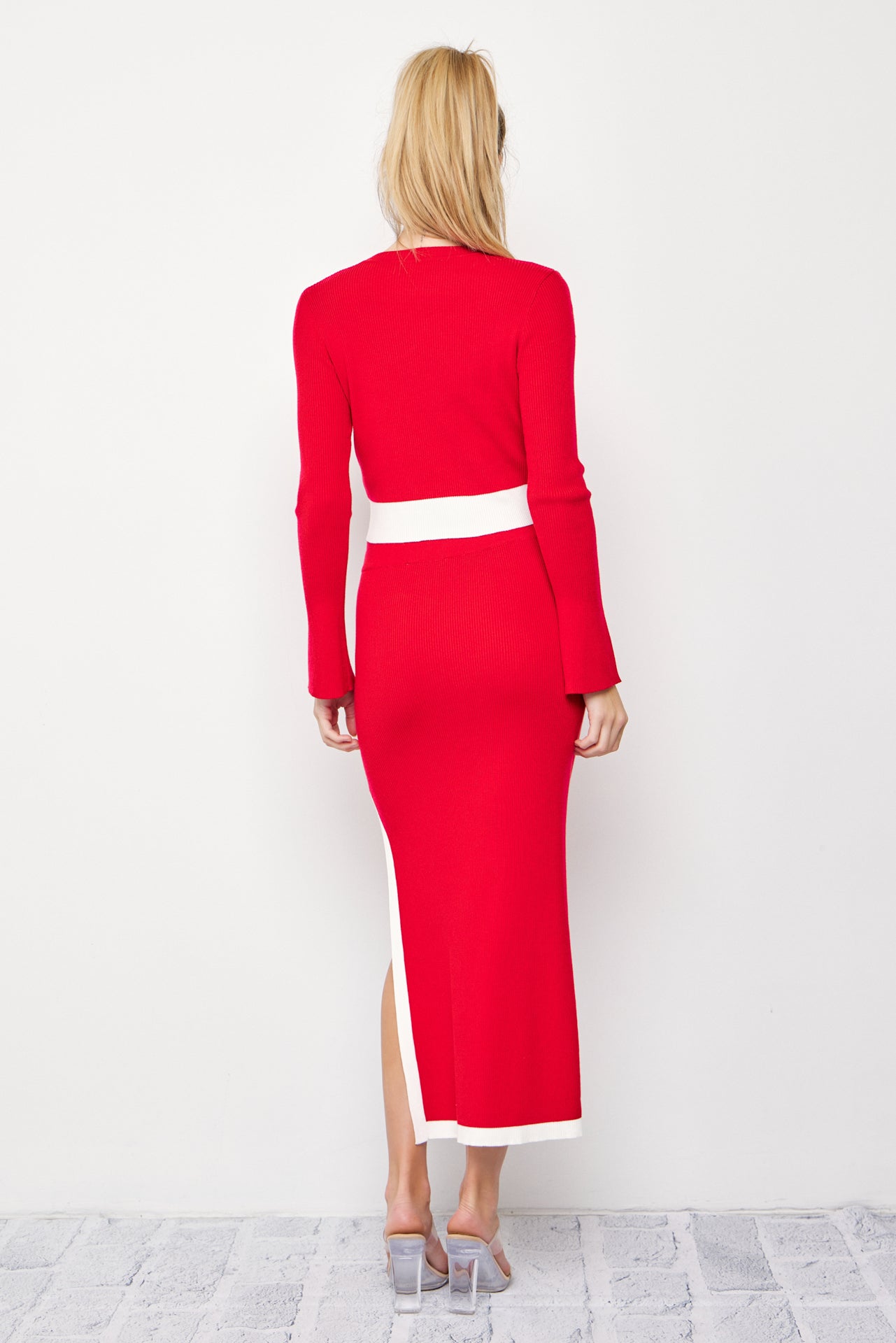 Jia Knit Cropped Bell Sleeve Top and Midi Skirt with Contrast