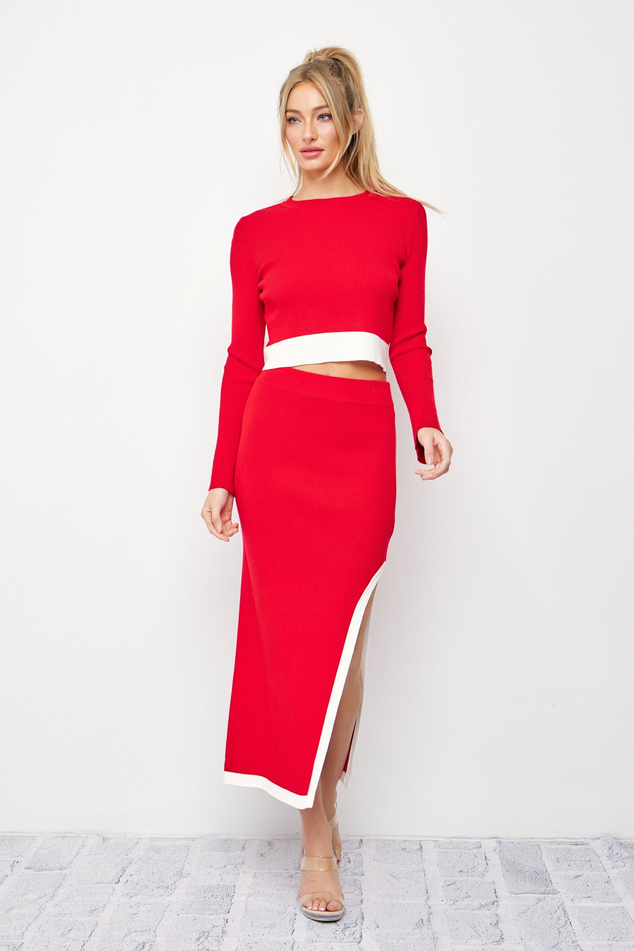 Jia Knit Cropped Bell Sleeve Top and Midi Skirt with Contrast