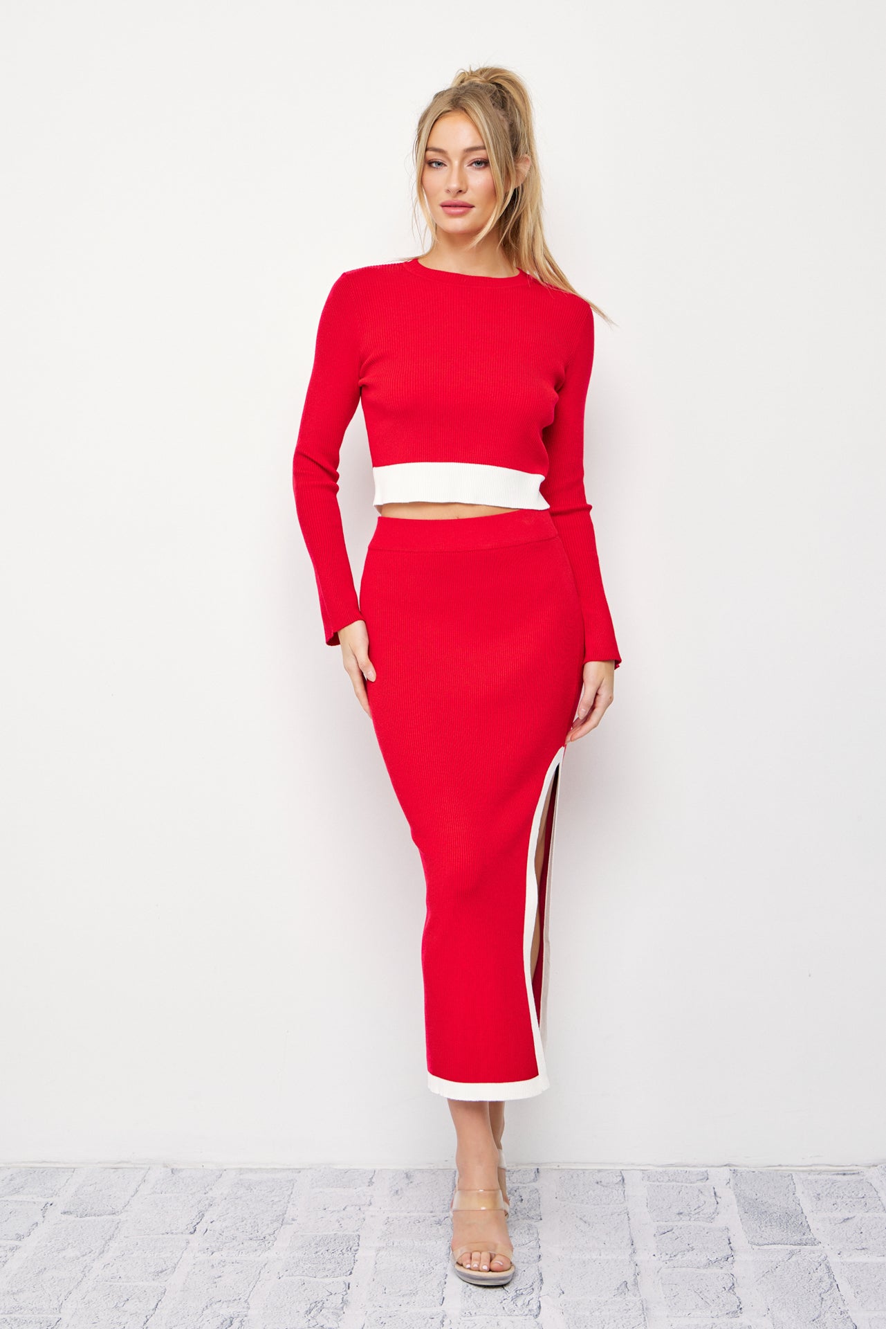 Jia Knit Cropped Bell Sleeve Top and Midi Skirt with Contrast