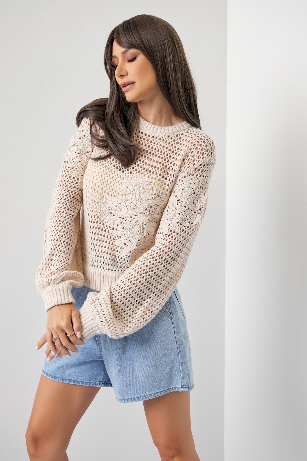 Twice The Love Flower Embroidered Crochet Sweater