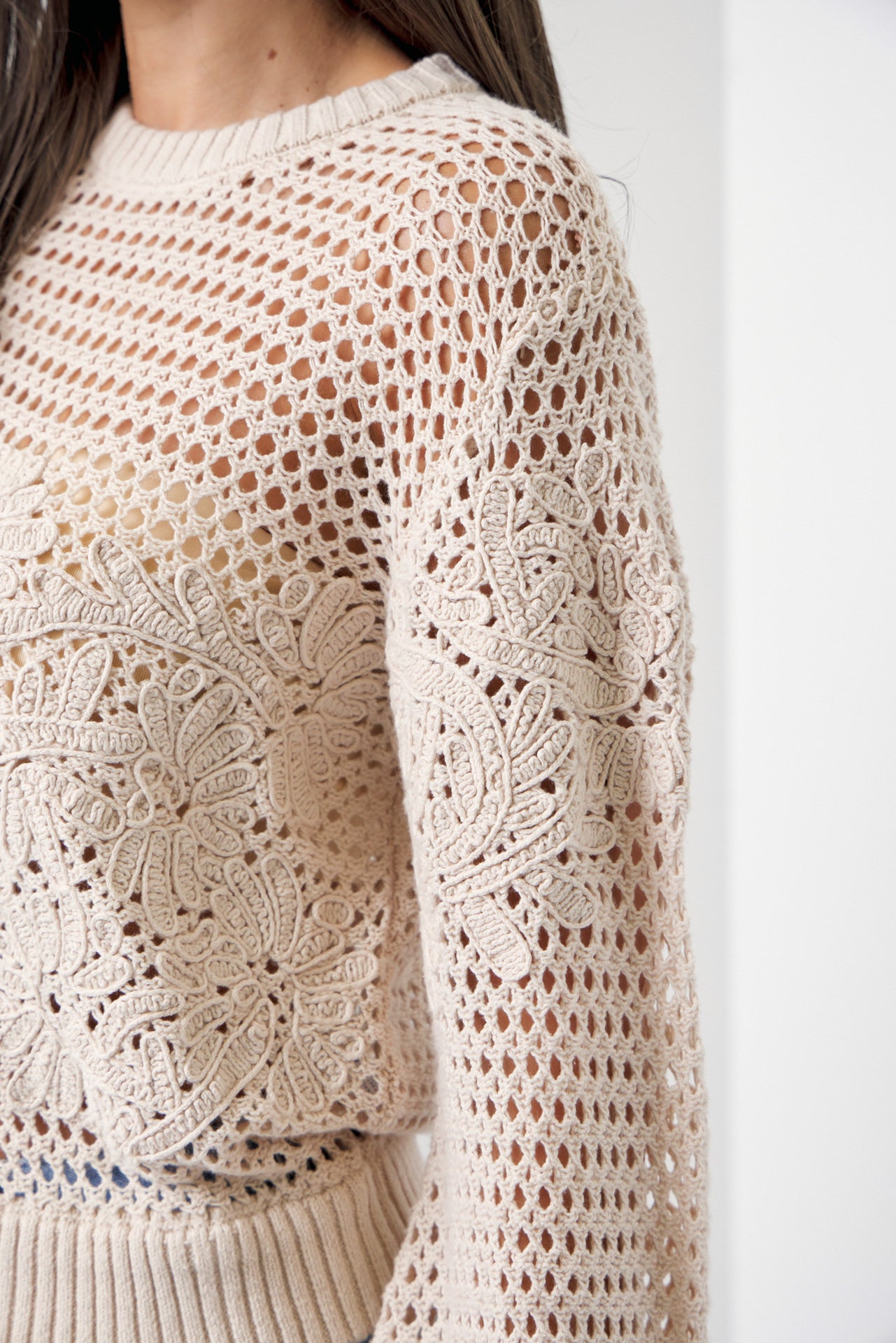 Twice The Love Flower Embroidered Crochet Sweater