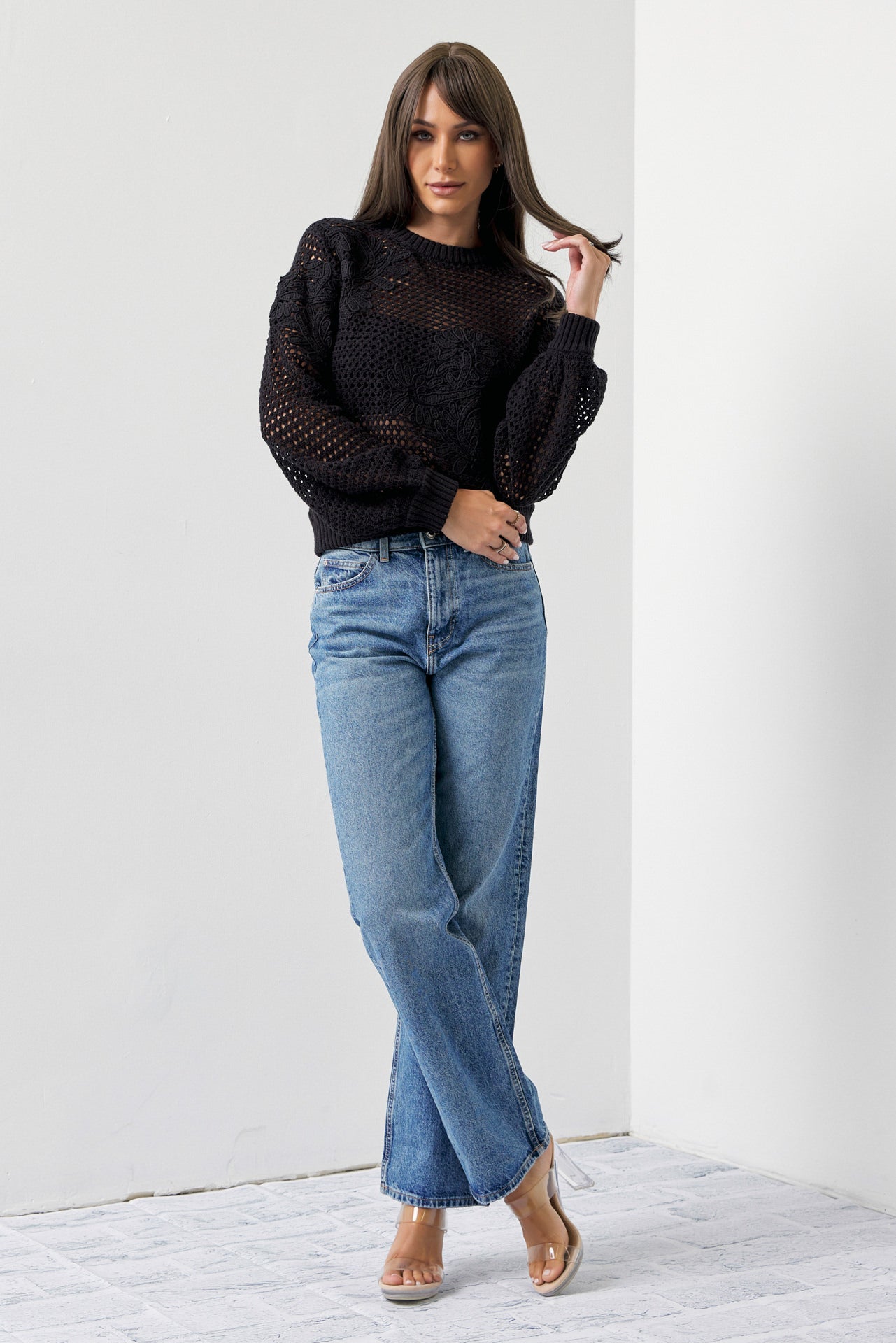 Twice The Love Flower Embroidered Crochet Sweater