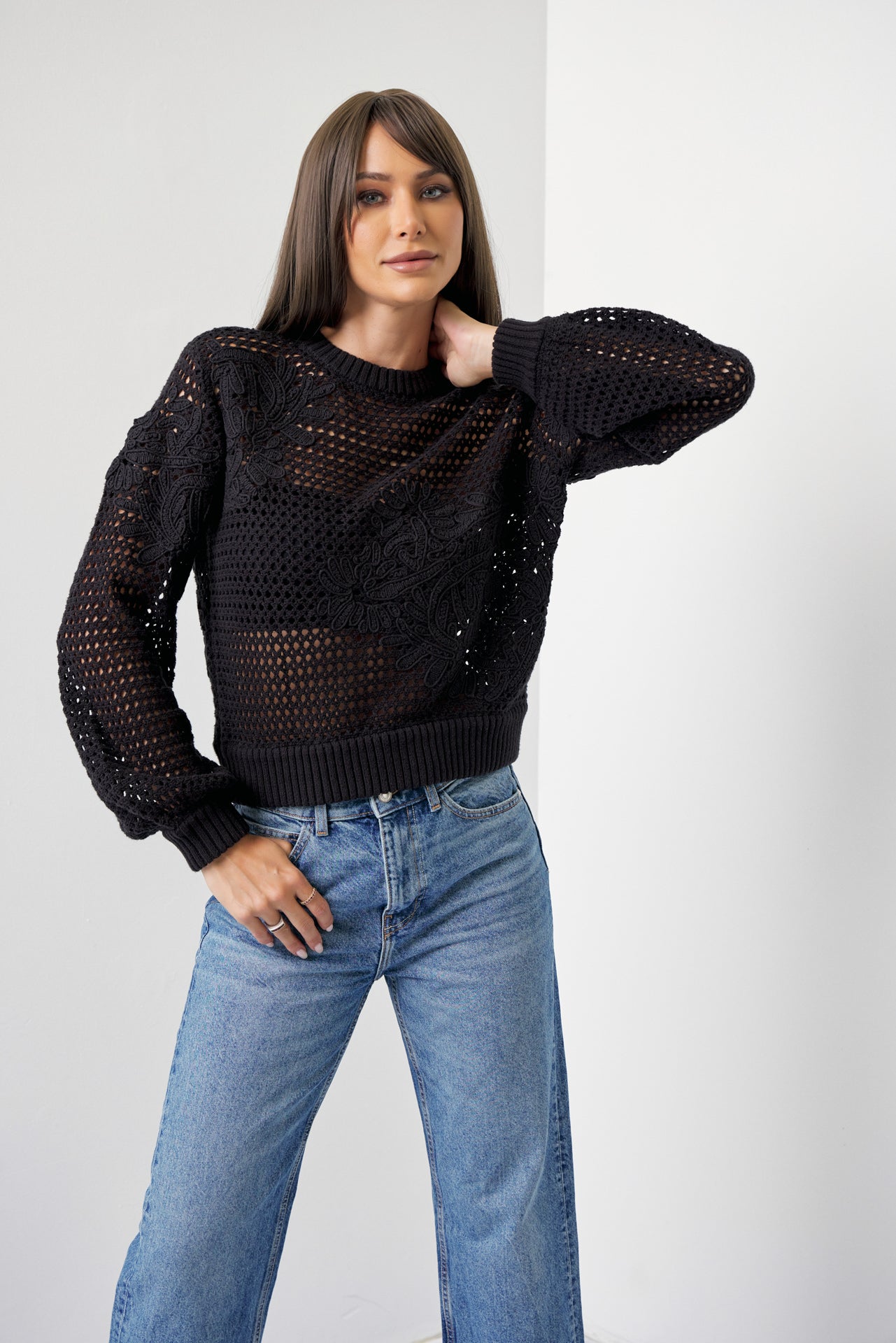 Twice The Love Flower Embroidered Crochet Sweater