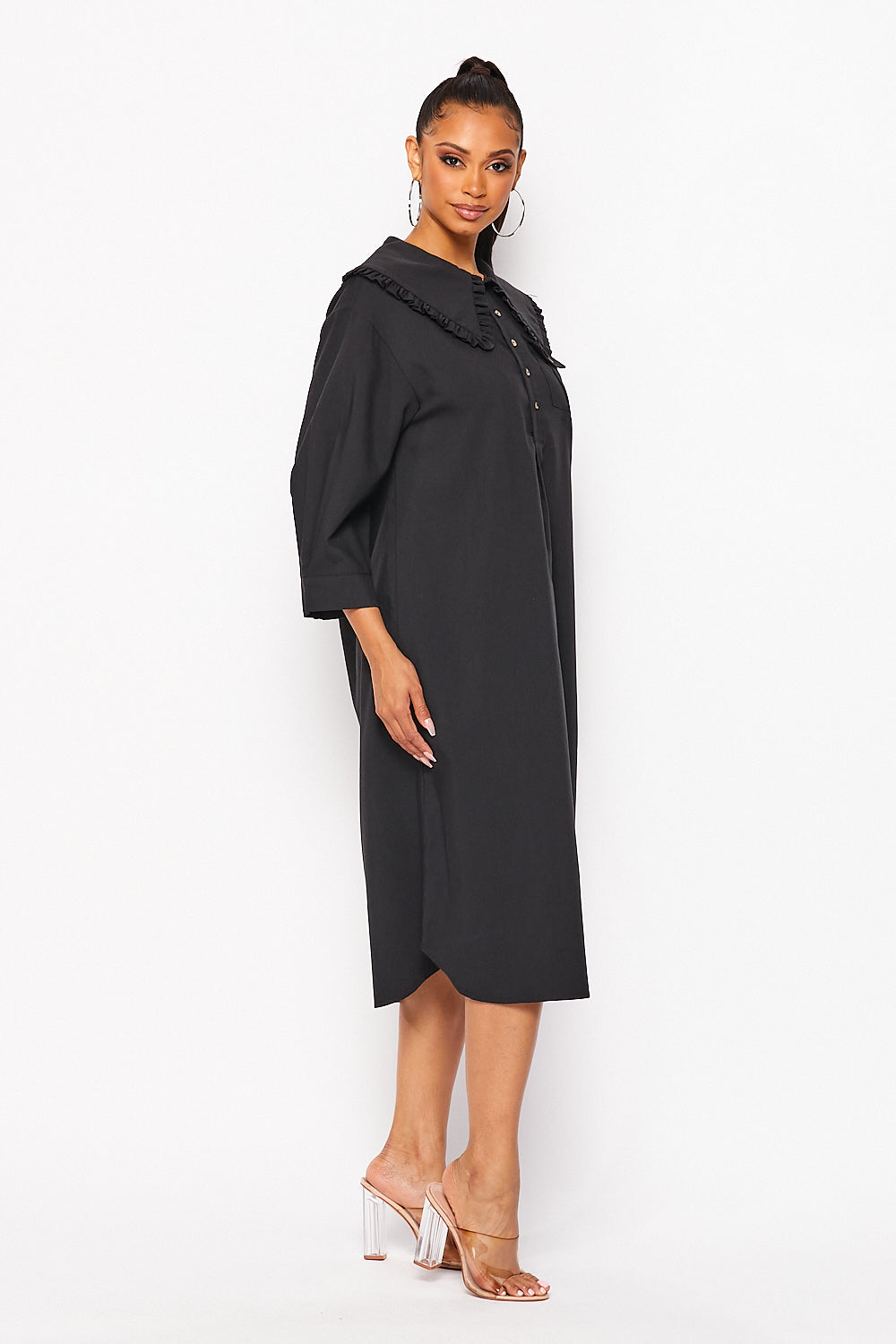 Oversized Bib Collar Midi Shirt Dress