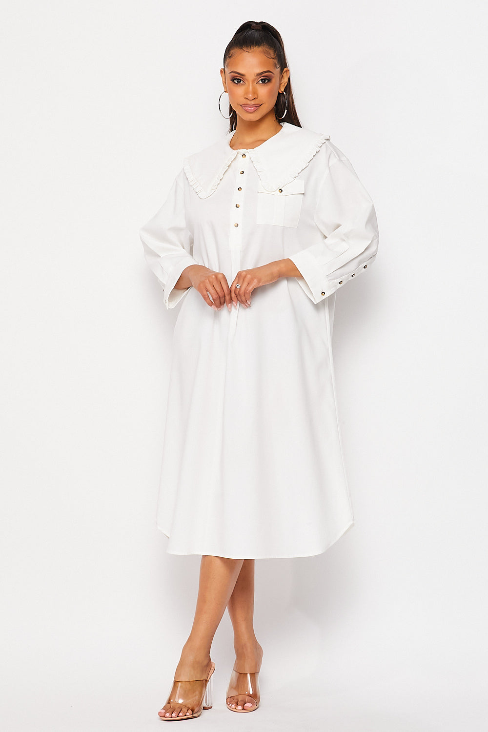 Oversized Bib Collar Midi Shirt Dress