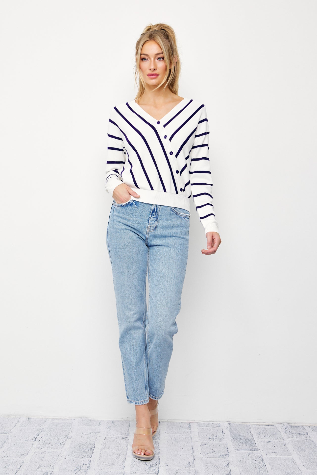 Elysia Knit Stripe Long Sleeve Surplice Top With Button Detail