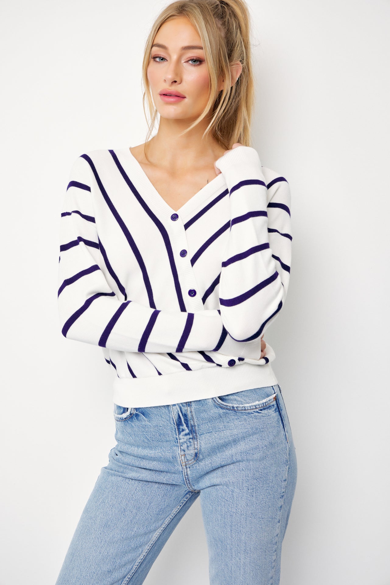 Elysia Knit Stripe Long Sleeve Surplice Top With Button Detail