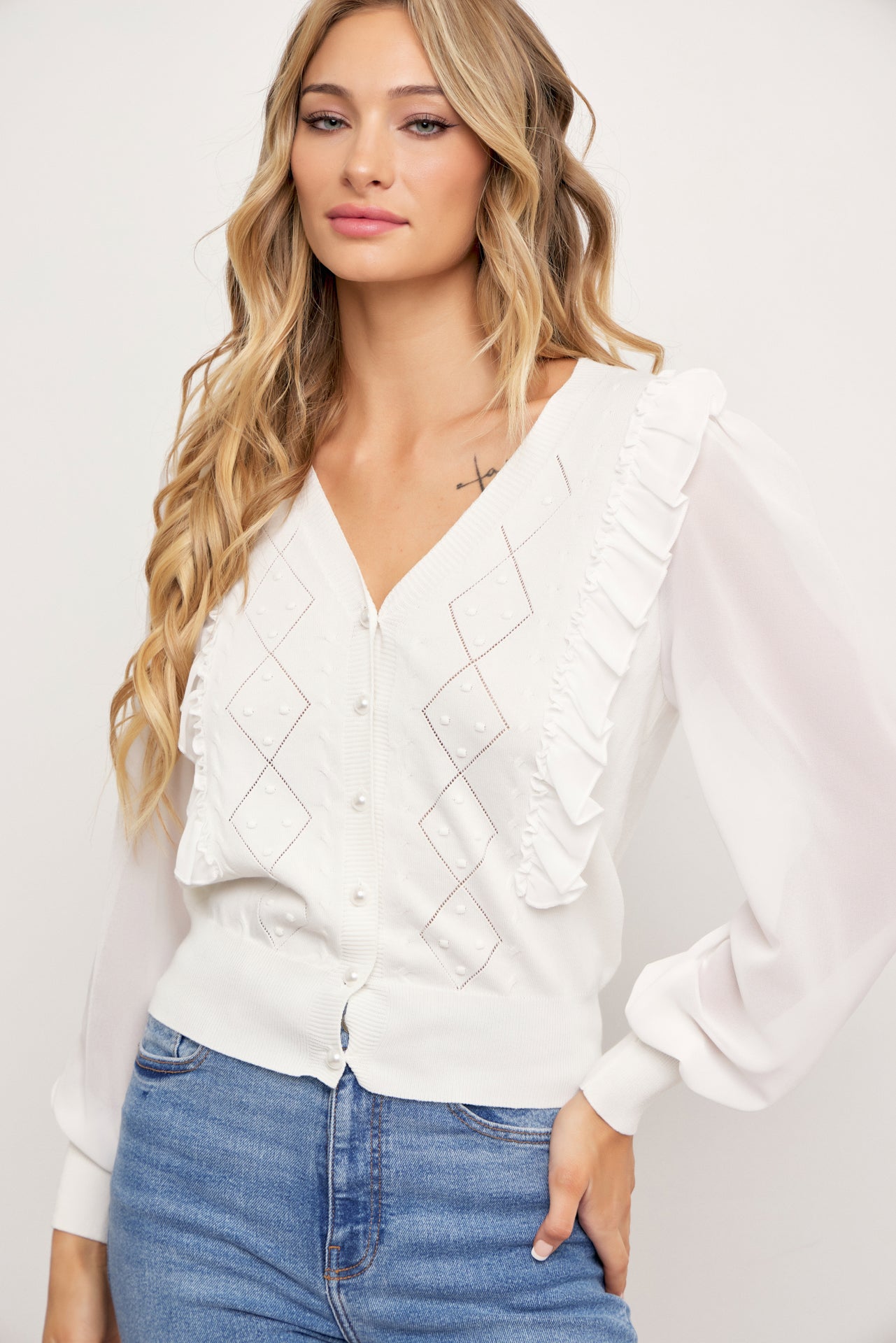 Aria Knit Cardigan With Chiffon Sleeves