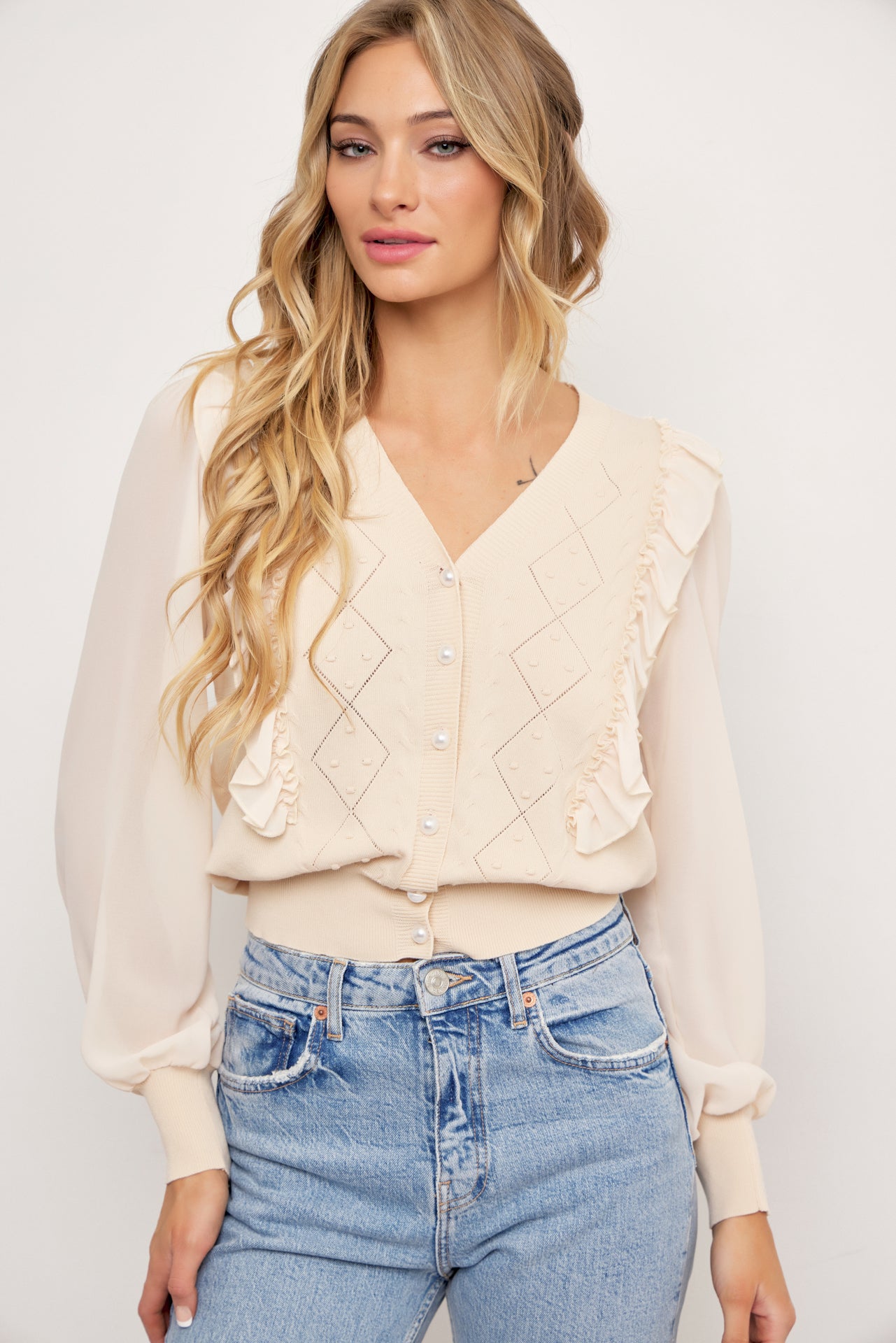 Aria Knit Cardigan With Chiffon Sleeves