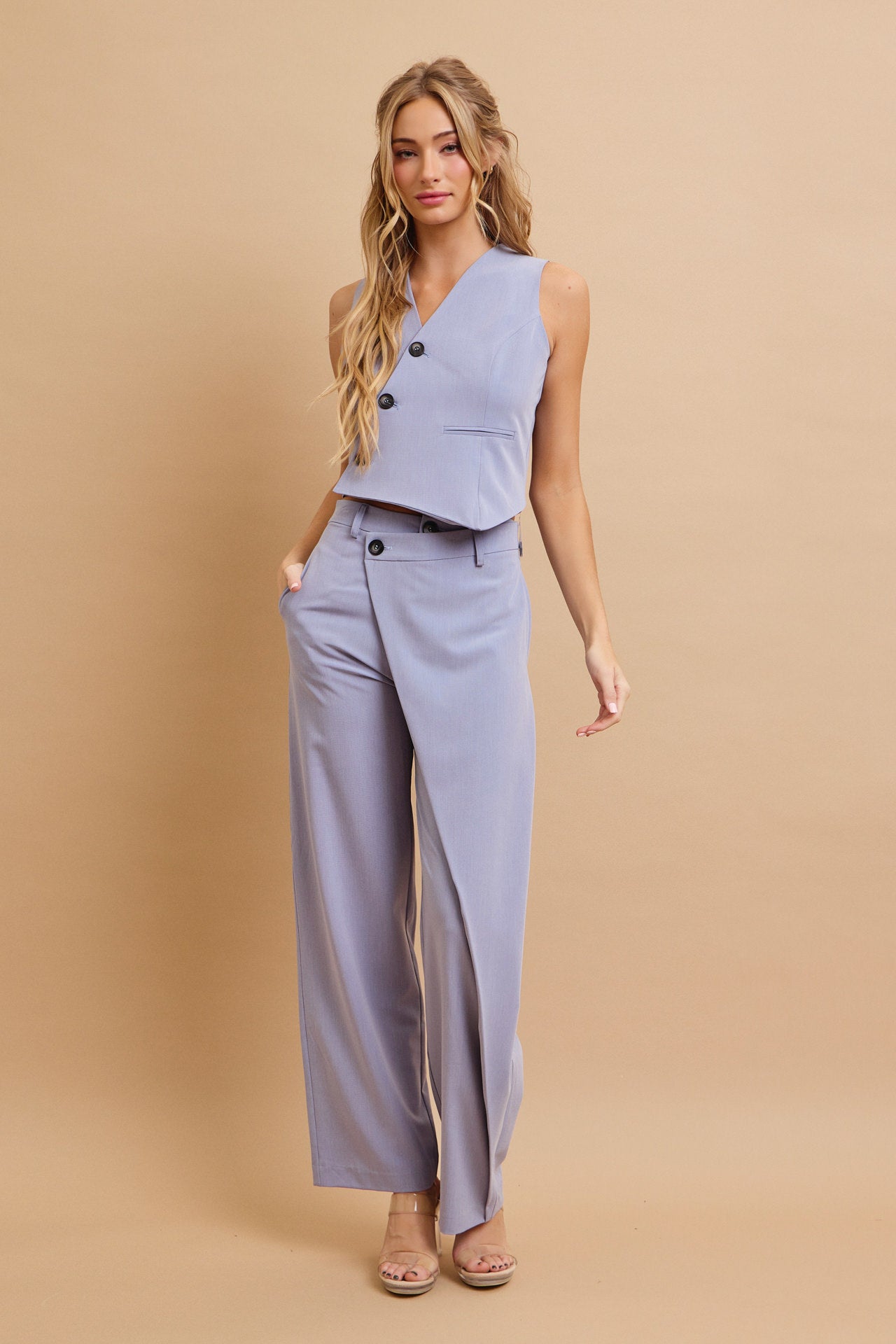 Effortless Flow Woven Asymmetrical Hem Vest & Wide Leg Pants Set
