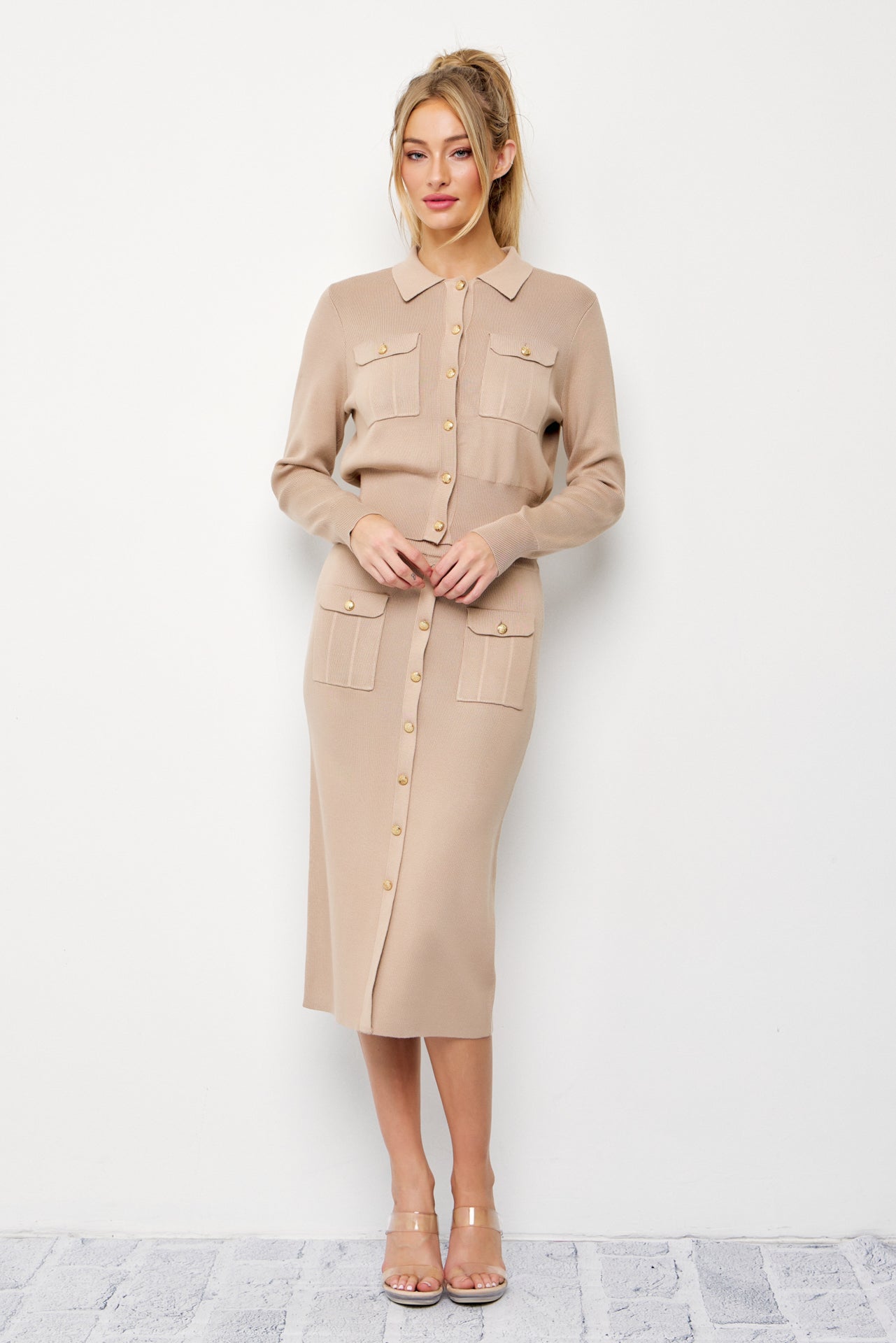 Knit Elegance Cardigan with Collar and Midi Skirt Set