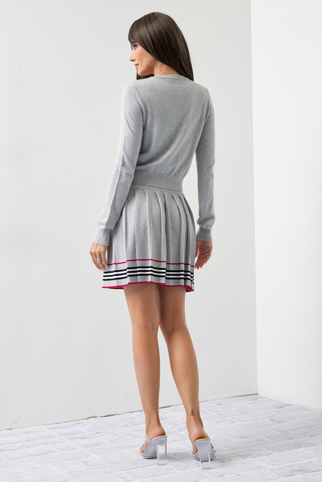 In The Cards Knit Cardigan And Pleated Mini Skirt Set