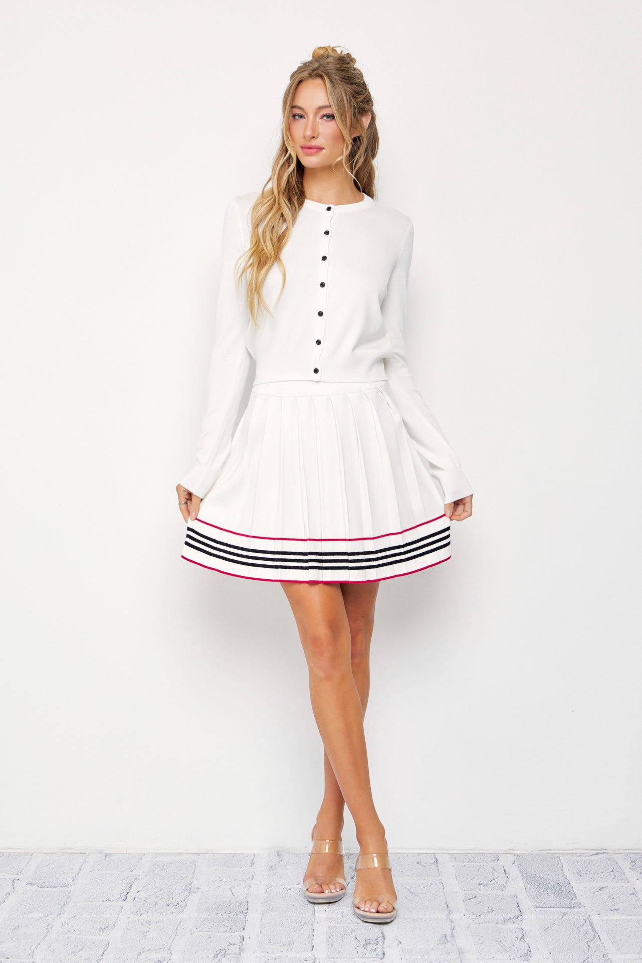 In The Cards Knit Cardigan And Pleated Mini Skirt Set