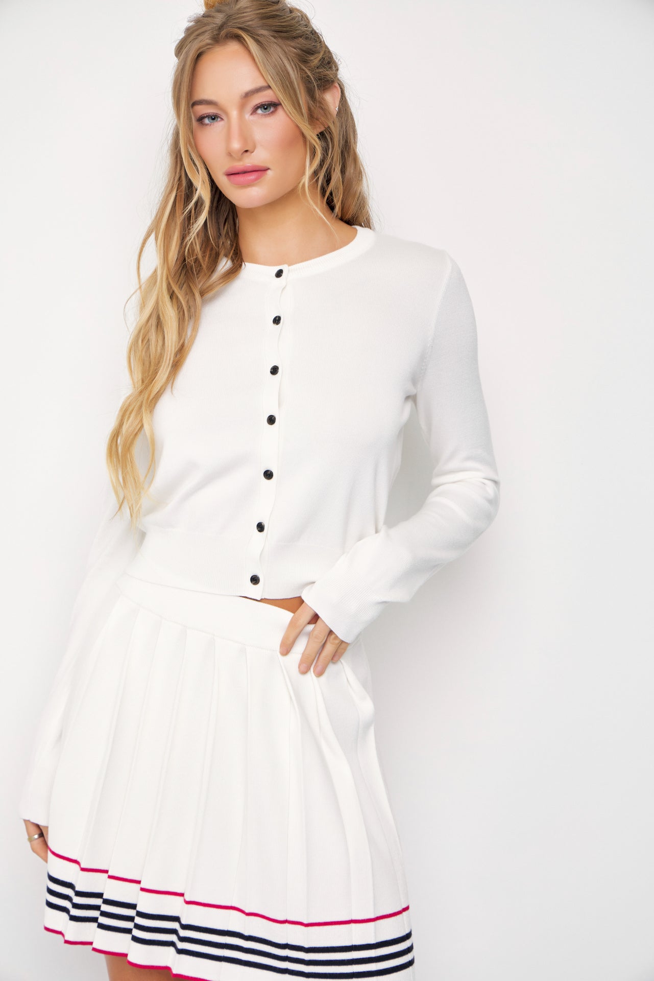 In The Cards Knit Cardigan And Pleated Mini Skirt Set