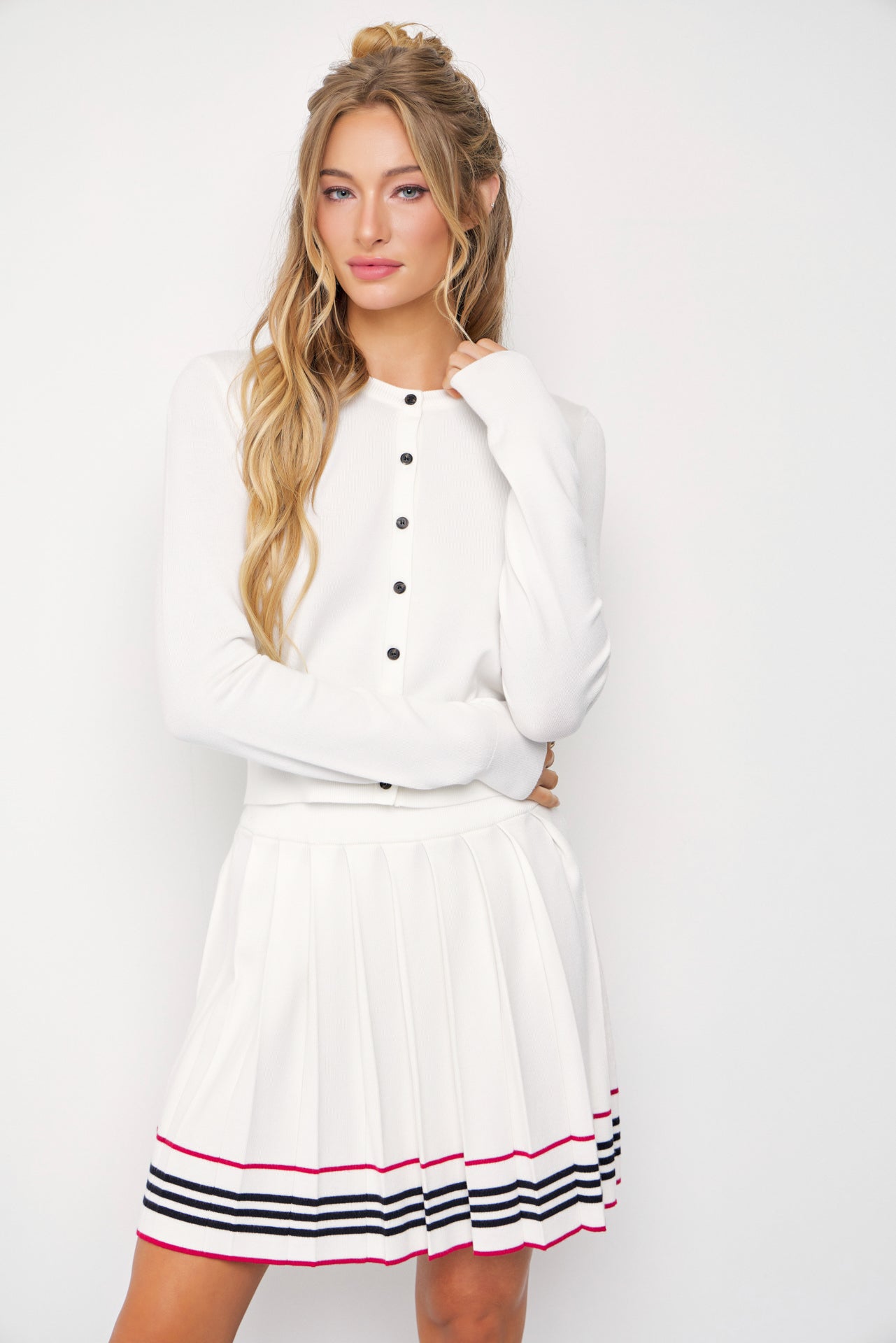 In The Cards Knit Cardigan And Pleated Mini Skirt Set