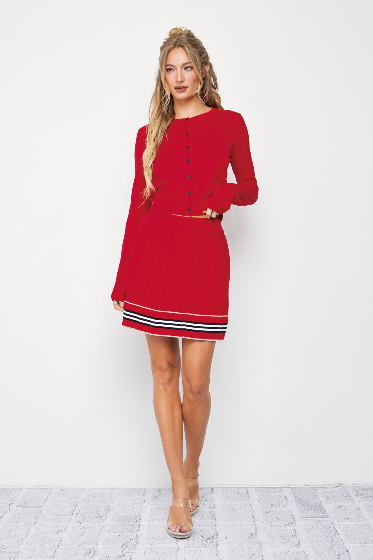 In The Cards Knit Cardigan And Pleated Mini Skirt Set
