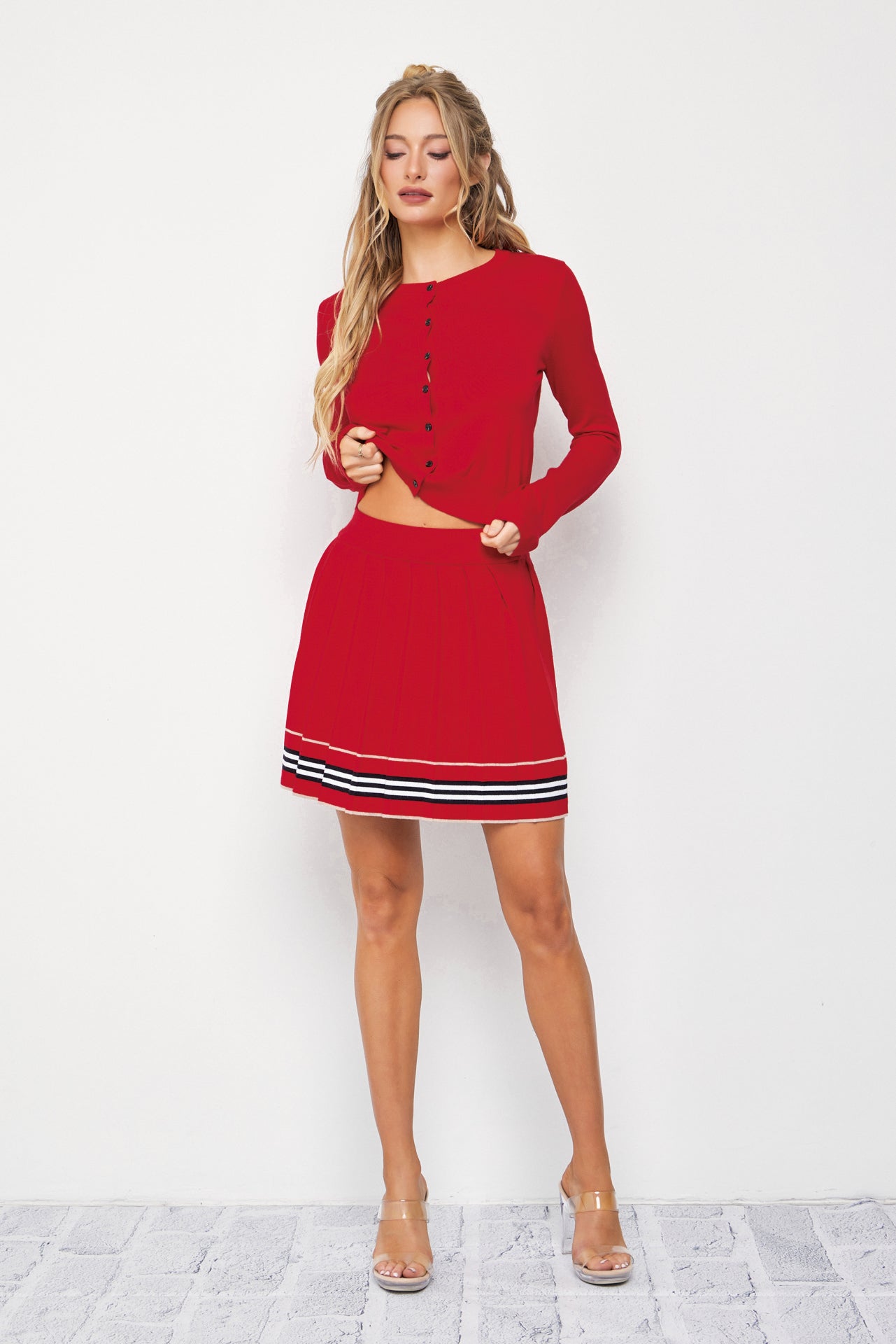 In The Cards Knit Cardigan And Pleated Mini Skirt Set