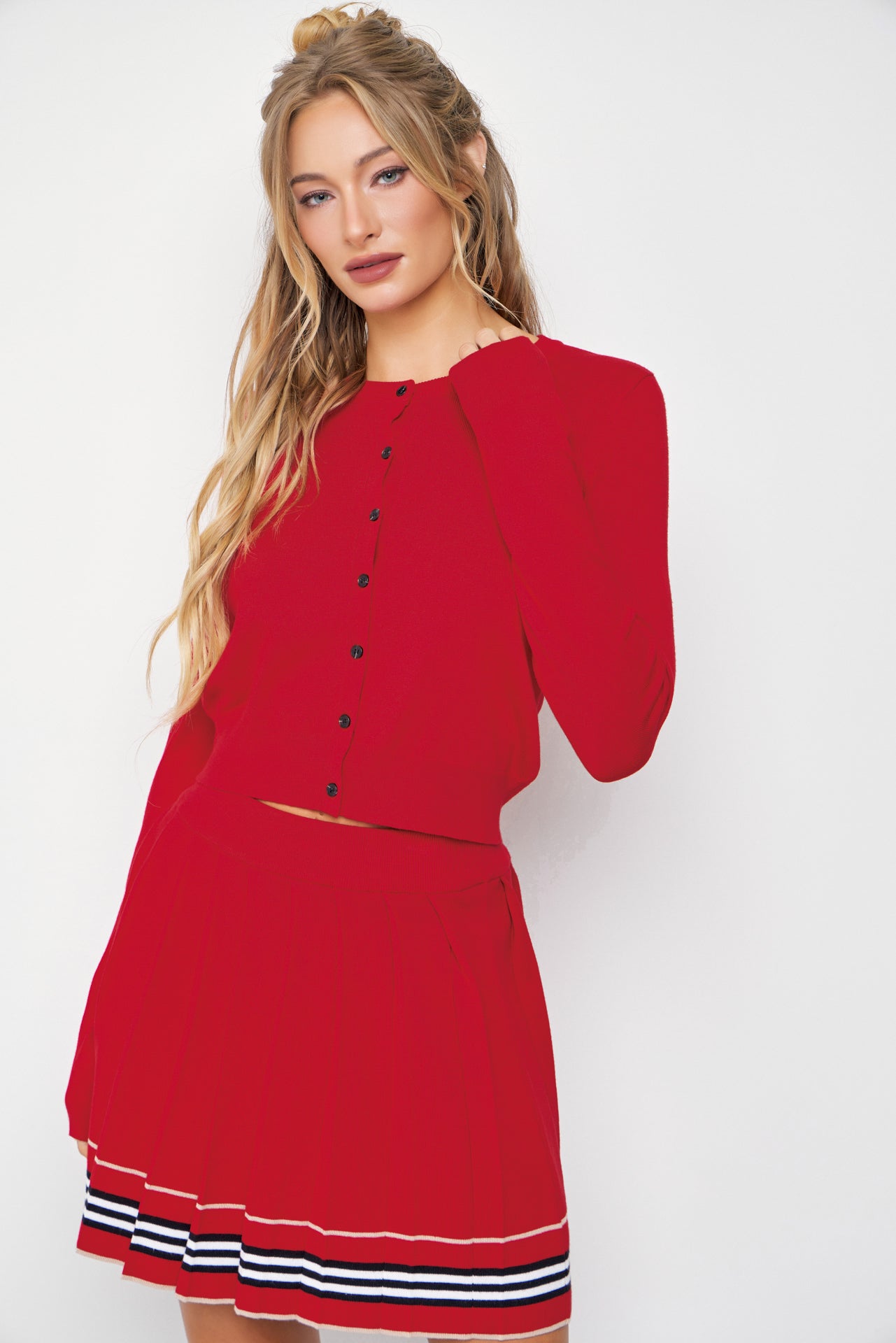 In The Cards Knit Cardigan And Pleated Mini Skirt Set