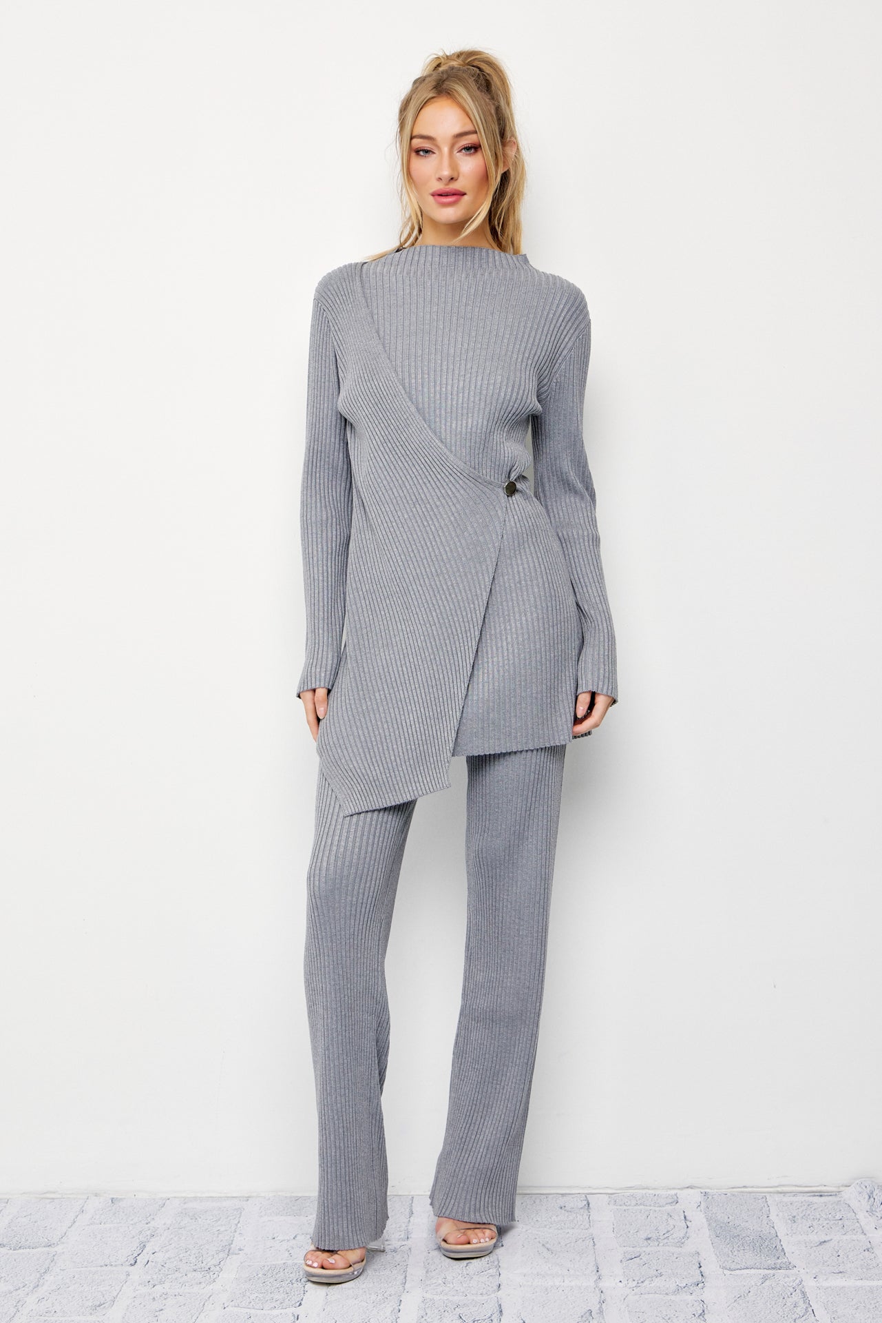 Cozy Chic Rib Knit High-neck Asymmetric Hem Top and Pants Set