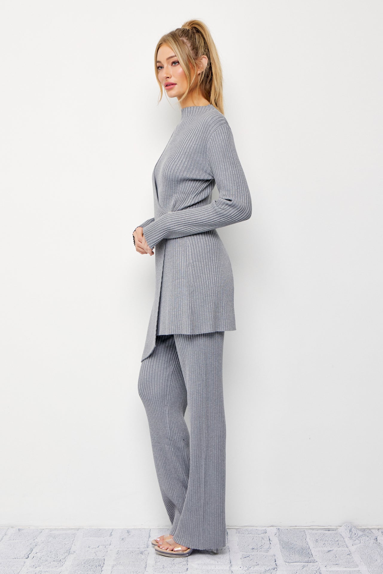 Cozy Chic Rib Knit High-neck Asymmetric Hem Top and Pants Set