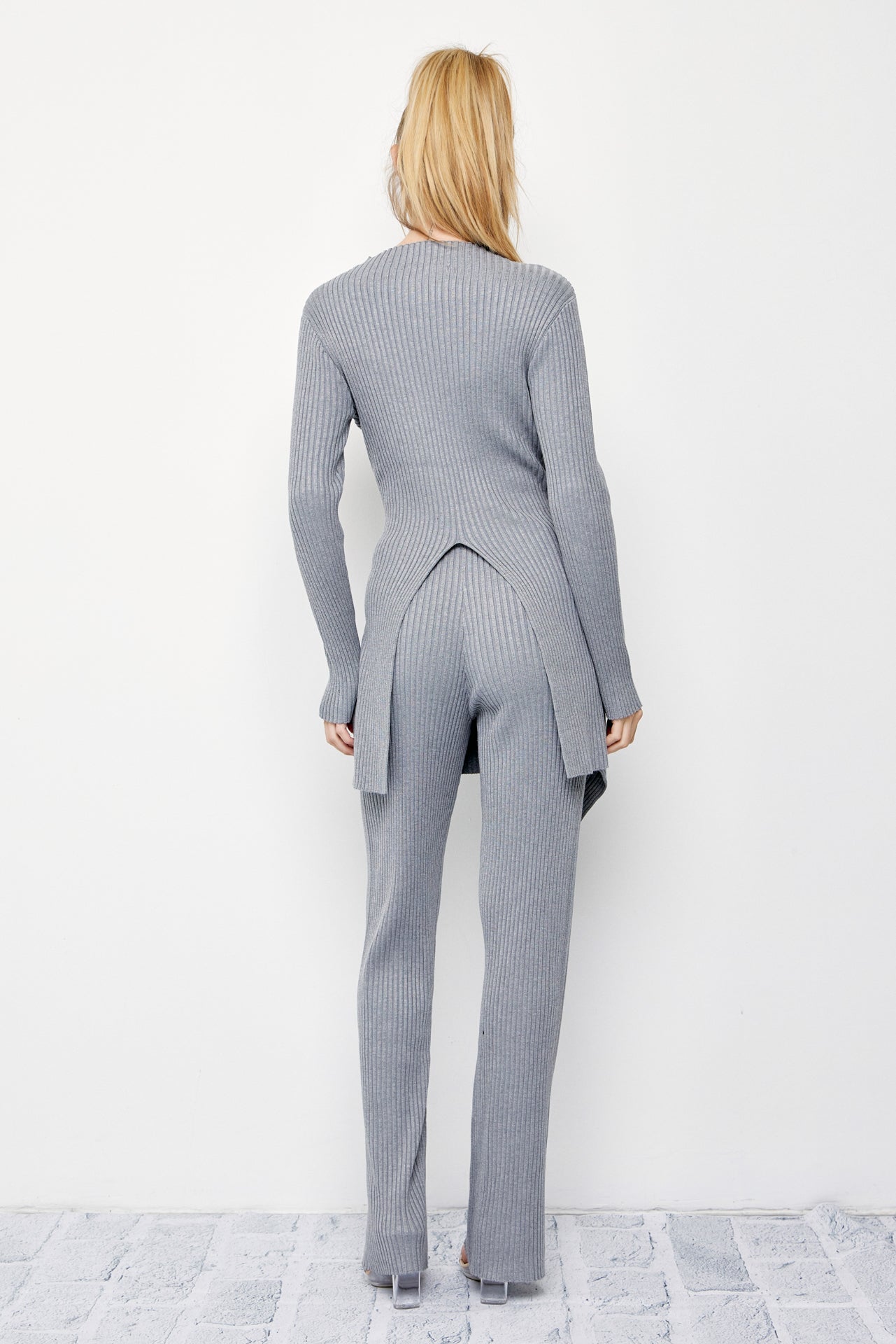Cozy Chic Rib Knit High-neck Asymmetric Hem Top and Pants Set