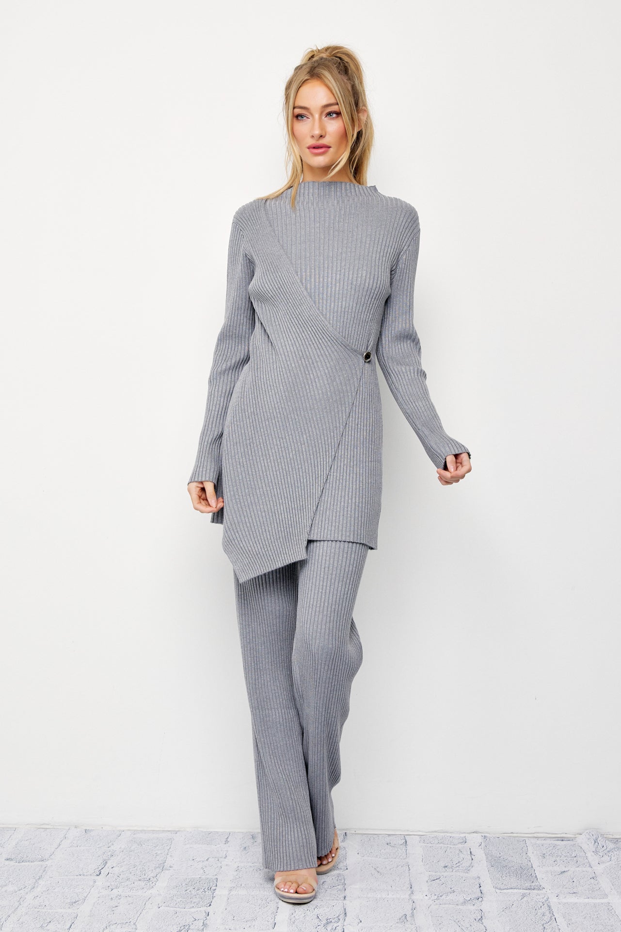 Cozy Chic Rib Knit High-neck Asymmetric Hem Top and Pants Set