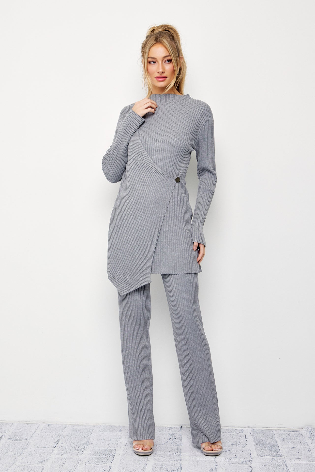 Cozy Chic Rib Knit High-neck Asymmetric Hem Top and Pants Set