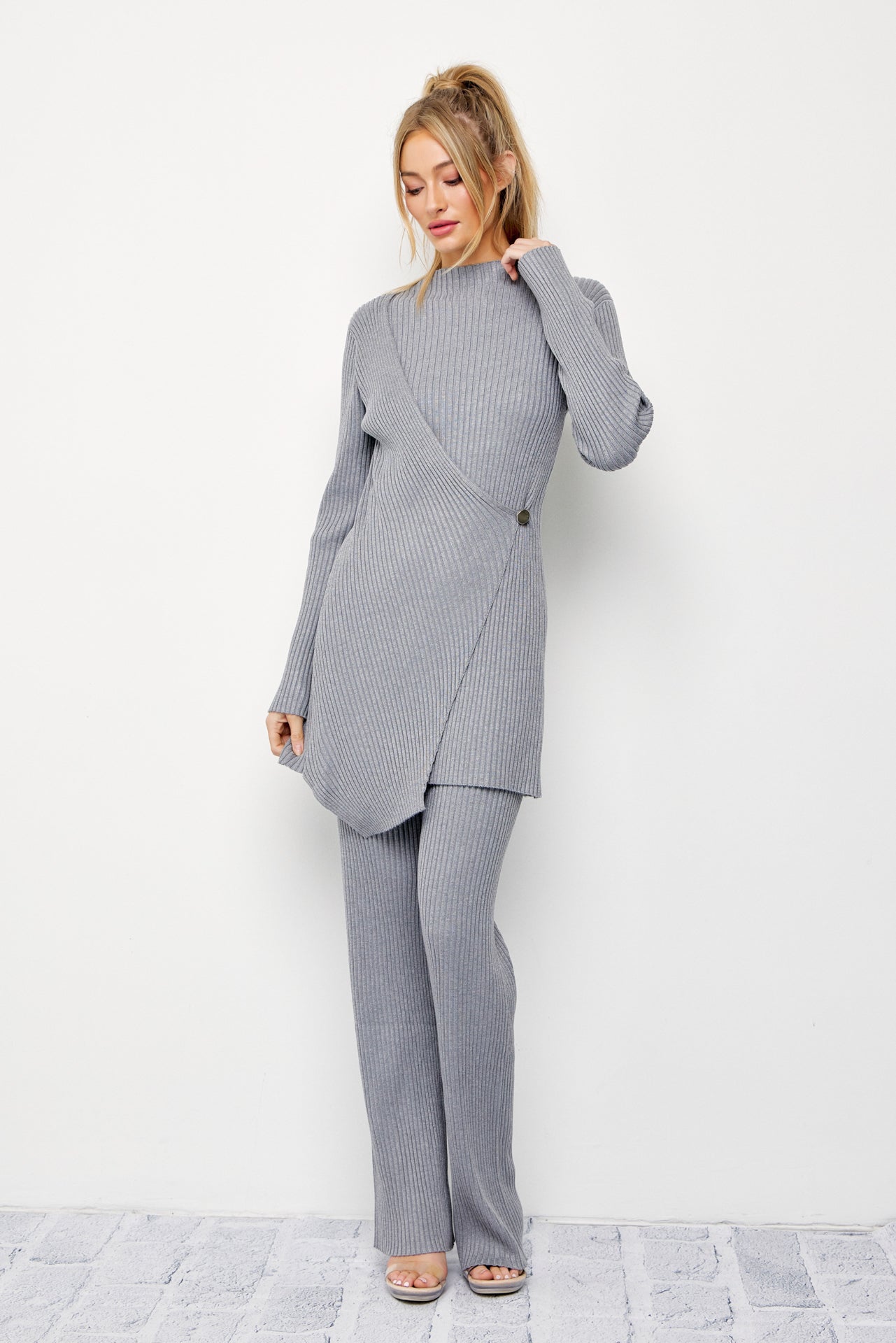 Cozy Chic Rib Knit High-neck Asymmetric Hem Top and Pants Set