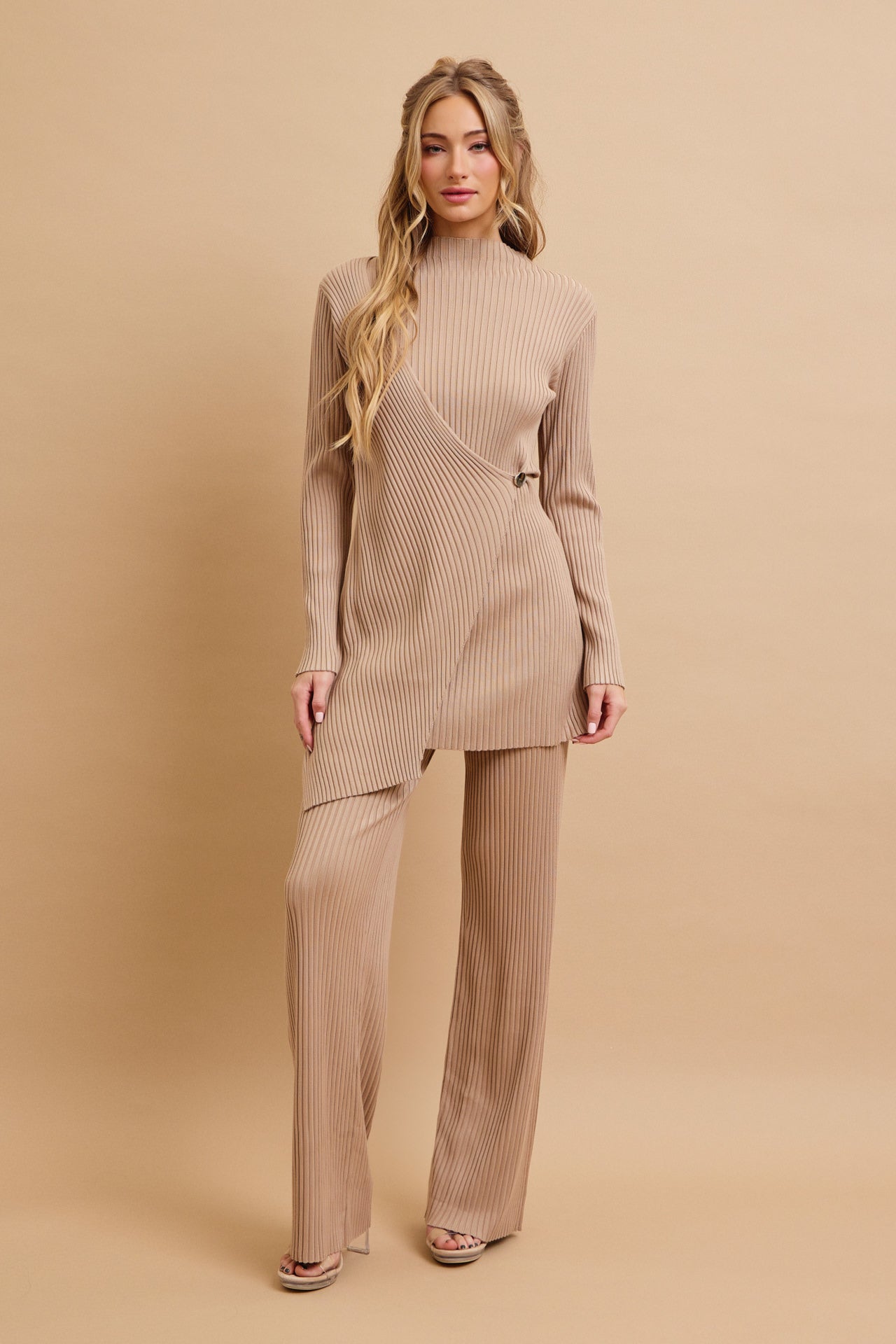 Cozy Chic Rib Knit High-neck Asymmetric Hem Top and Pants Set